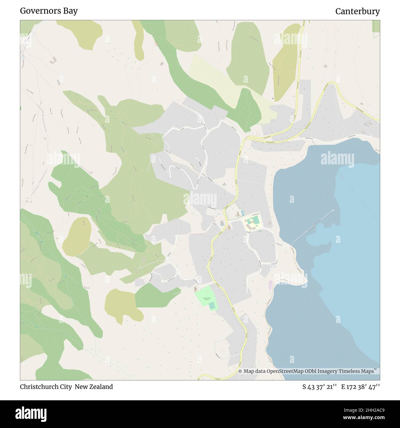 Governors Bay, Christchurch City, Nuova Zelanda, Canterbury, S 43 37' 21'', e 172 38' 47''', mappa, mappa senza tempo pubblicata nel 2021. Viaggiatori, esploratori e avventurieri come Florence Nightingale, David Livingstone, Ernest Shackleton, Lewis and Clark e Sherlock Holmes si sono affidati alle mappe per pianificare i viaggi verso gli angoli più remoti del mondo, Timeless Maps sta mappando la maggior parte delle località del mondo, mostrando il successo di grandi sogni Foto Stock