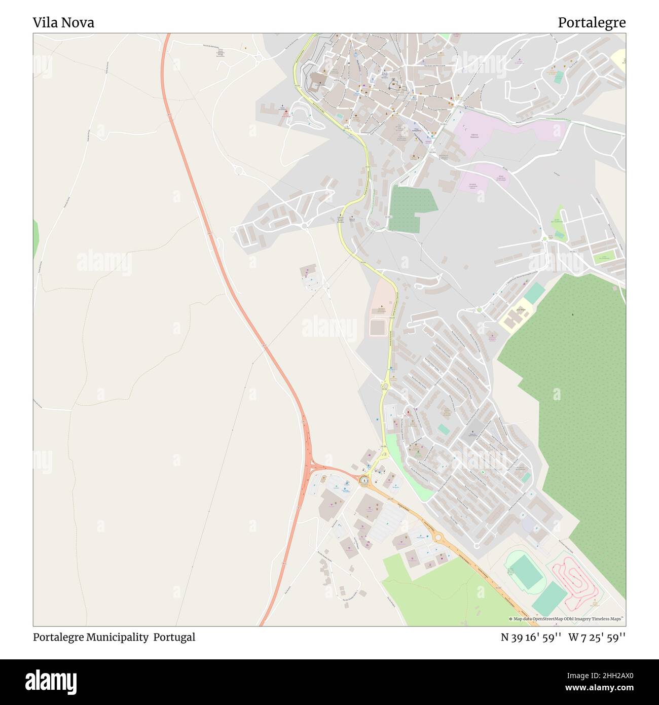 Vila Nova, comune di Portalegre, Portogallo, Portalegre, N 39 16' 59''', W 7 25' 59''', mappa, mappa senza tempo pubblicata nel 2021. Viaggiatori, esploratori e avventurieri come Florence Nightingale, David Livingstone, Ernest Shackleton, Lewis and Clark e Sherlock Holmes si sono affidati alle mappe per pianificare i viaggi verso gli angoli più remoti del mondo, Timeless Maps sta mappando la maggior parte delle località del mondo, mostrando il successo di grandi sogni Foto Stock