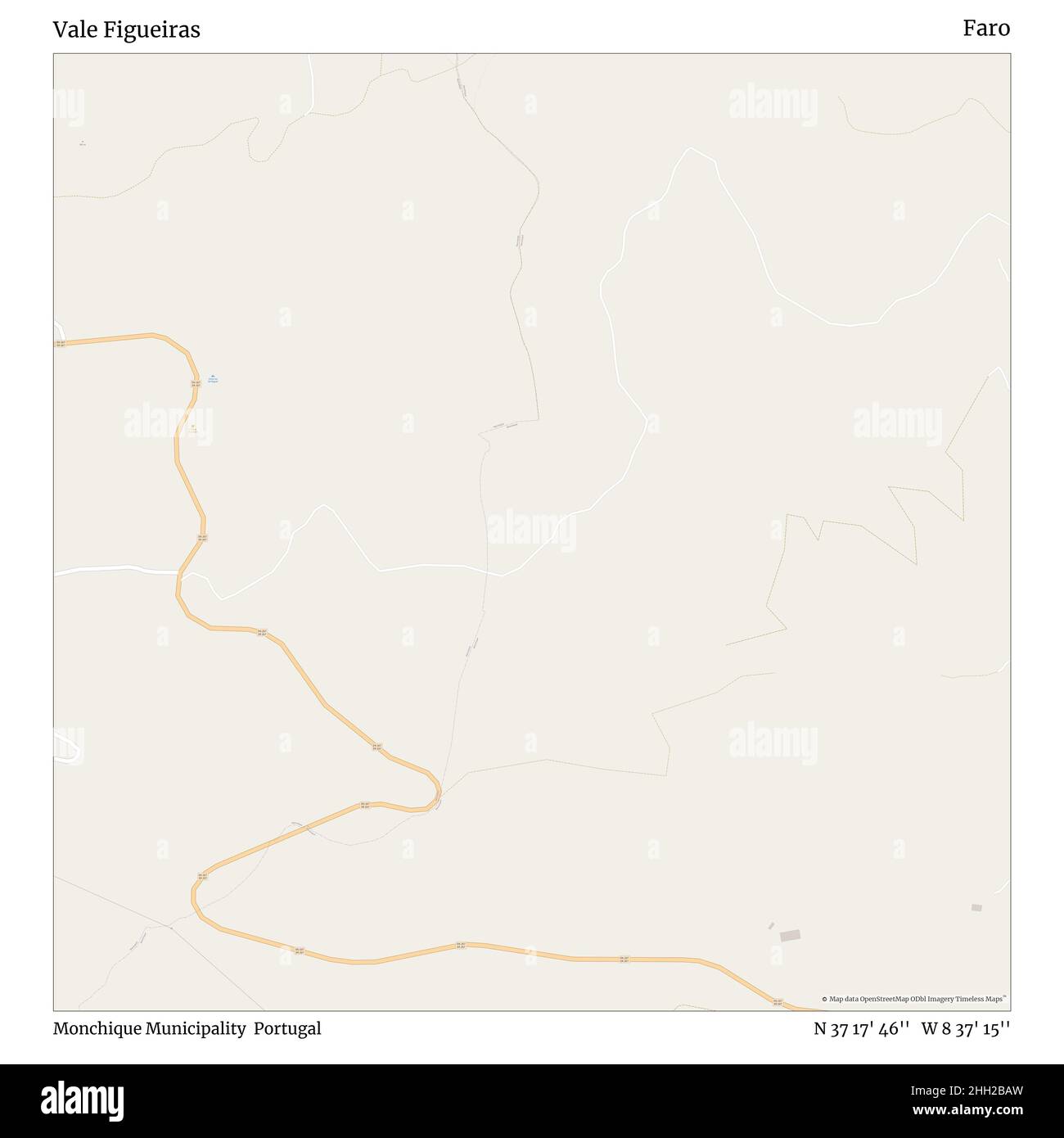 Vale Figueiras, comune di Monchique, Portogallo, Faro, N 37 17' 46'', W 8 37' 15''', mappa, Mappa senza tempo pubblicata nel 2021. Viaggiatori, esploratori e avventurieri come Florence Nightingale, David Livingstone, Ernest Shackleton, Lewis and Clark e Sherlock Holmes si sono affidati alle mappe per pianificare i viaggi verso gli angoli più remoti del mondo, Timeless Maps sta mappando la maggior parte delle località del mondo, mostrando il successo di grandi sogni Foto Stock