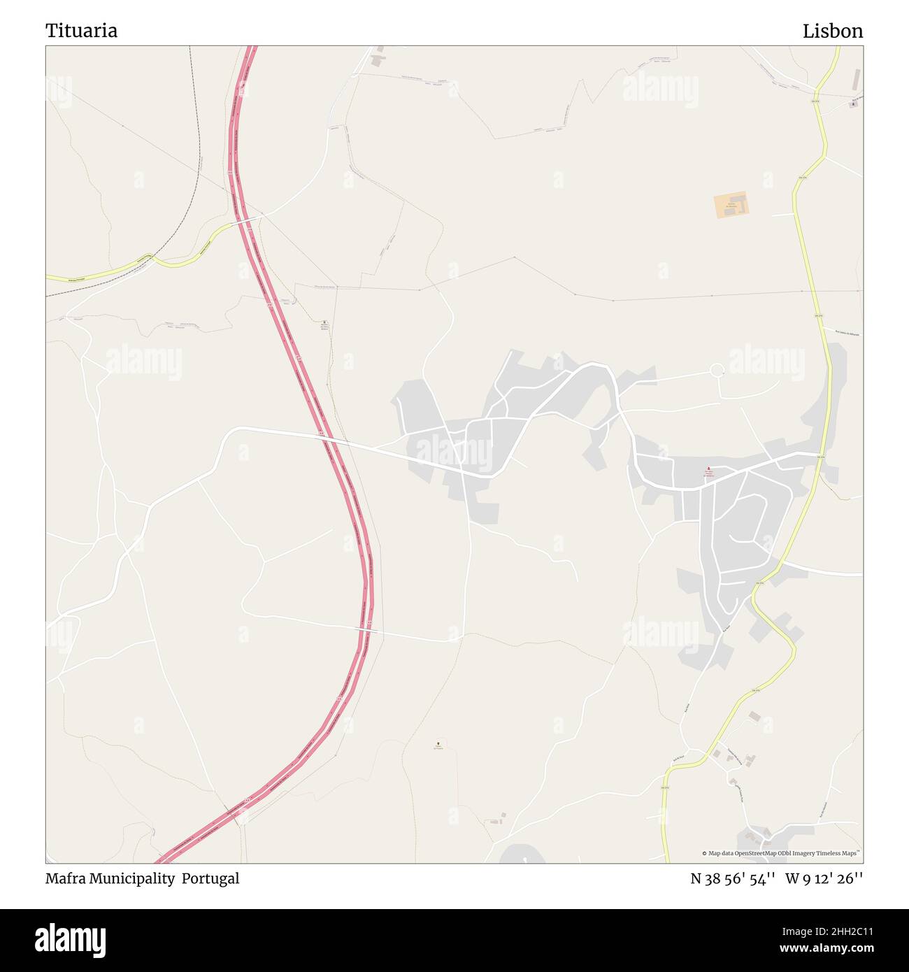 Tituaria, comune di Mafra, Portogallo, Lisbona, N 38 56' 54'', W 9 12' 26''', mappa, mappa senza tempo pubblicata nel 2021. Viaggiatori, esploratori e avventurieri come Florence Nightingale, David Livingstone, Ernest Shackleton, Lewis and Clark e Sherlock Holmes si sono affidati alle mappe per pianificare i viaggi verso gli angoli più remoti del mondo, Timeless Maps sta mappando la maggior parte delle località del mondo, mostrando il successo di grandi sogni Foto Stock