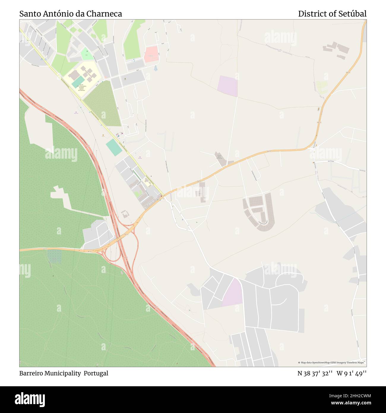 Santo António da Charneca, comune di Barreiro, Portogallo, Distretto di Setúbal, N 38 37' 32'', W 9 1' 49''', mappa, Mappa senza tempo pubblicata nel 2021. Viaggiatori, esploratori e avventurieri come Florence Nightingale, David Livingstone, Ernest Shackleton, Lewis and Clark e Sherlock Holmes si sono affidati alle mappe per pianificare i viaggi verso gli angoli più remoti del mondo, Timeless Maps sta mappando la maggior parte delle località del mondo, mostrando il successo di grandi sogni Foto Stock