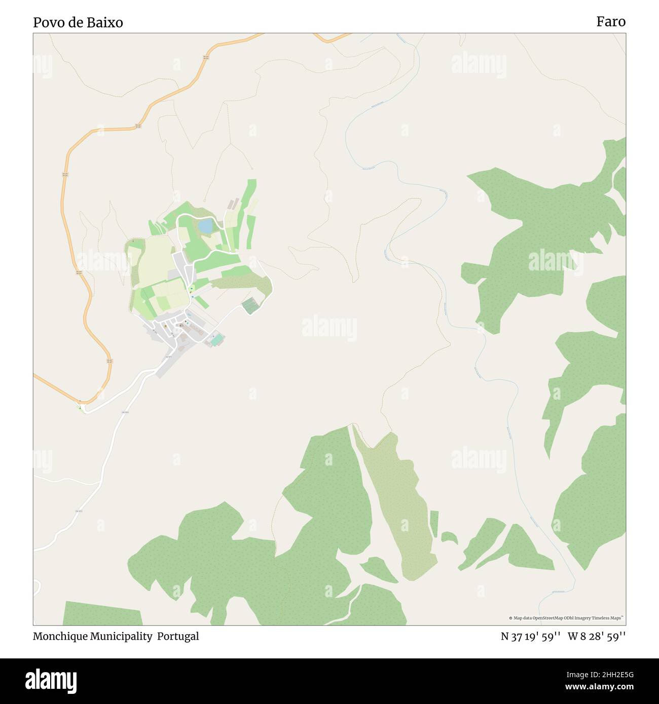 Povo de Baixo, comune di Monchique, Portogallo, Faro, N 37 19' 59'', W 8 28' 59''', mappa, mappa senza tempo pubblicata nel 2021. Viaggiatori, esploratori e avventurieri come Florence Nightingale, David Livingstone, Ernest Shackleton, Lewis and Clark e Sherlock Holmes si sono affidati alle mappe per pianificare i viaggi verso gli angoli più remoti del mondo, Timeless Maps sta mappando la maggior parte delle località del mondo, mostrando il successo di grandi sogni Foto Stock