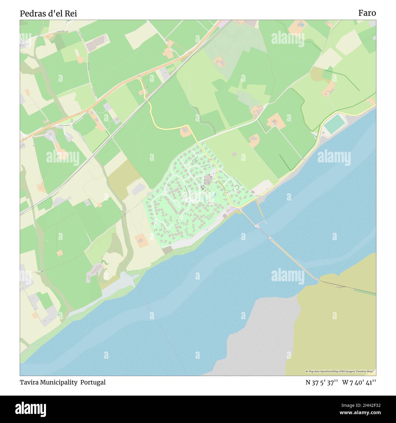 Pedras d'el Rei, comune di Tavira, Portogallo, Faro, N 37 5' 37'', W 7 40' 41''', mappa, mappa senza tempo pubblicata nel 2021. Viaggiatori, esploratori e avventurieri come Florence Nightingale, David Livingstone, Ernest Shackleton, Lewis and Clark e Sherlock Holmes si sono affidati alle mappe per pianificare i viaggi verso gli angoli più remoti del mondo, Timeless Maps sta mappando la maggior parte delle località del mondo, mostrando il successo di grandi sogni Foto Stock