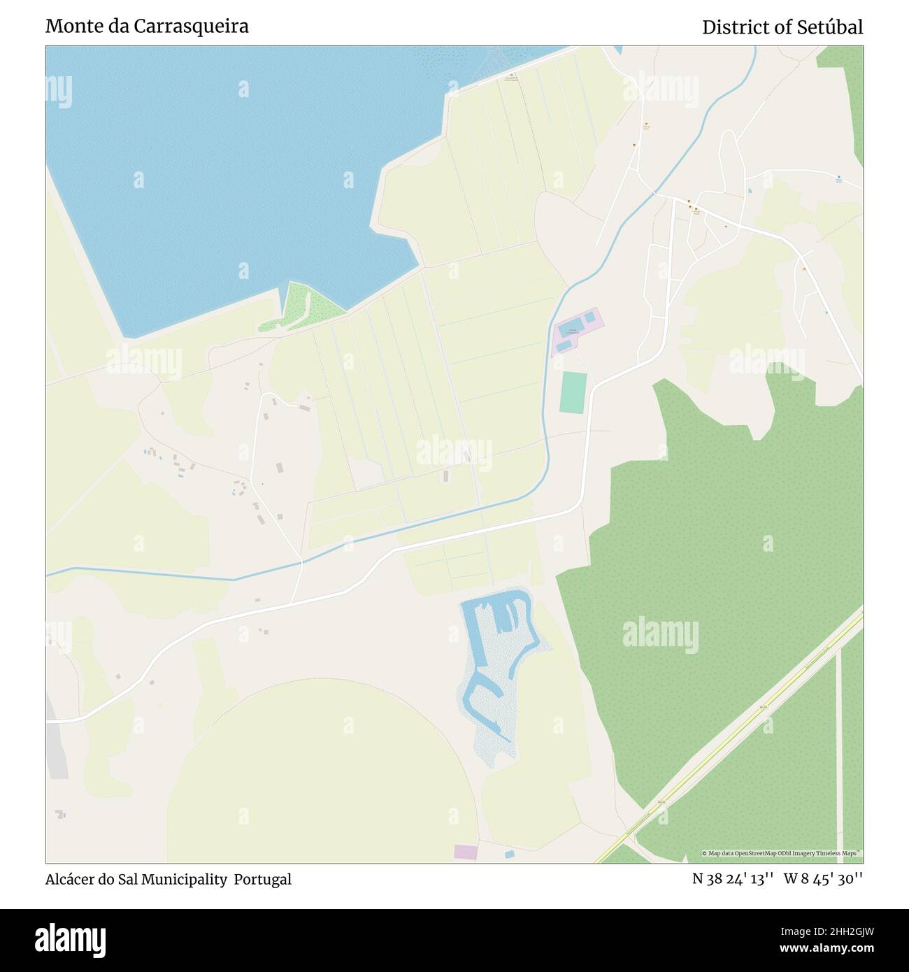 Monte da Carrasqueira, comune di Alcácer do SAL, Portogallo, Distretto di Setúbal, N 38 24' 13'', W 8 45' 30'', mappa, Mappa senza tempo pubblicata nel 2021. Viaggiatori, esploratori e avventurieri come Florence Nightingale, David Livingstone, Ernest Shackleton, Lewis and Clark e Sherlock Holmes si sono affidati alle mappe per pianificare i viaggi verso gli angoli più remoti del mondo, Timeless Maps sta mappando la maggior parte delle località del mondo, mostrando il successo di grandi sogni Foto Stock