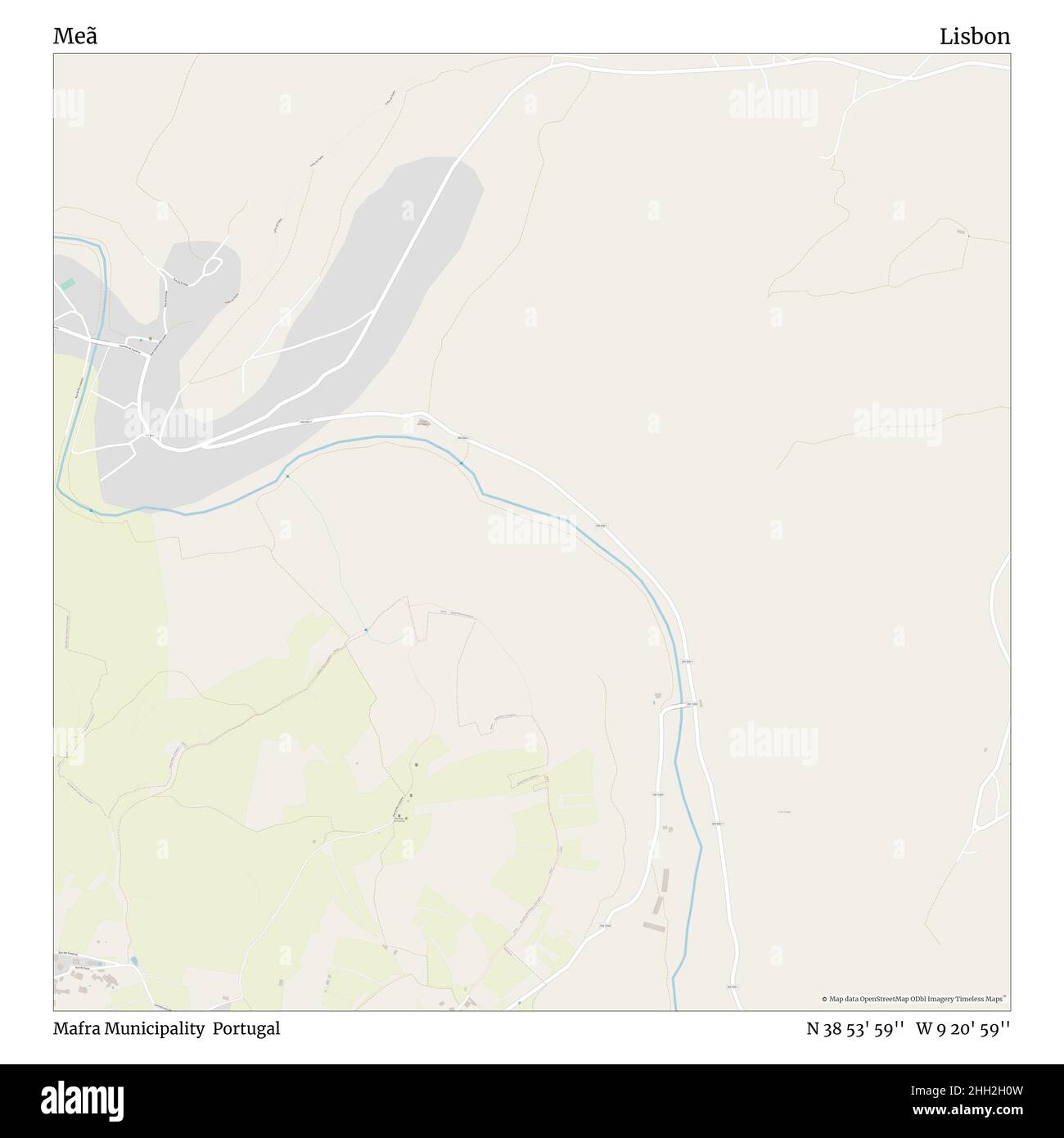 Meã, comune di Mafra, Portogallo, Lisbona, N 38 53' 59'', W 9 20' 59''', mappa, mappa senza tempo pubblicata nel 2021. Viaggiatori, esploratori e avventurieri come Florence Nightingale, David Livingstone, Ernest Shackleton, Lewis and Clark e Sherlock Holmes si sono affidati alle mappe per pianificare i viaggi verso gli angoli più remoti del mondo, Timeless Maps sta mappando la maggior parte delle località del mondo, mostrando il successo di grandi sogni Foto Stock