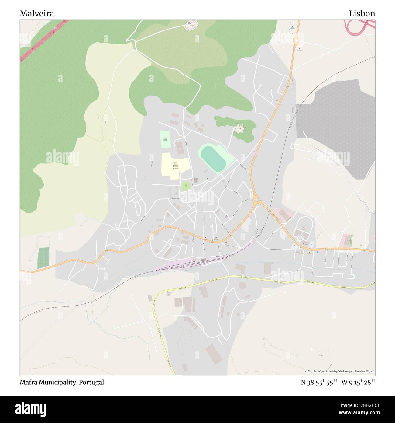 Malveira, comune di Mafra, Portogallo, Lisbona, N 38 55' 55'', W 9 15' 28''', mappa, mappa senza tempo pubblicata nel 2021. Viaggiatori, esploratori e avventurieri come Florence Nightingale, David Livingstone, Ernest Shackleton, Lewis and Clark e Sherlock Holmes si sono affidati alle mappe per pianificare i viaggi verso gli angoli più remoti del mondo, Timeless Maps sta mappando la maggior parte delle località del mondo, mostrando il successo di grandi sogni Foto Stock