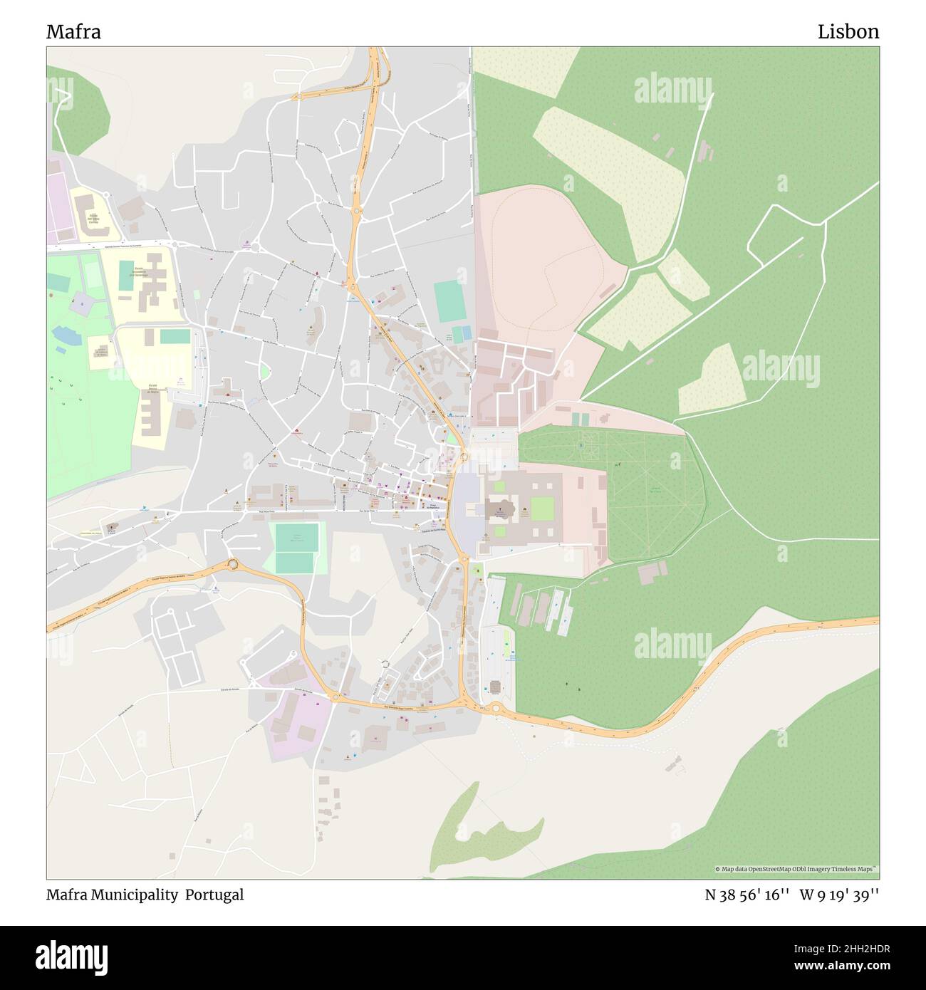 Mafra, comune di Mafra, Portogallo, Lisbona, N 38 56' 16'', W 9 19' 39''', mappa, mappa senza tempo pubblicata nel 2021. Viaggiatori, esploratori e avventurieri come Florence Nightingale, David Livingstone, Ernest Shackleton, Lewis and Clark e Sherlock Holmes si sono affidati alle mappe per pianificare i viaggi verso gli angoli più remoti del mondo, Timeless Maps sta mappando la maggior parte delle località del mondo, mostrando il successo di grandi sogni Foto Stock