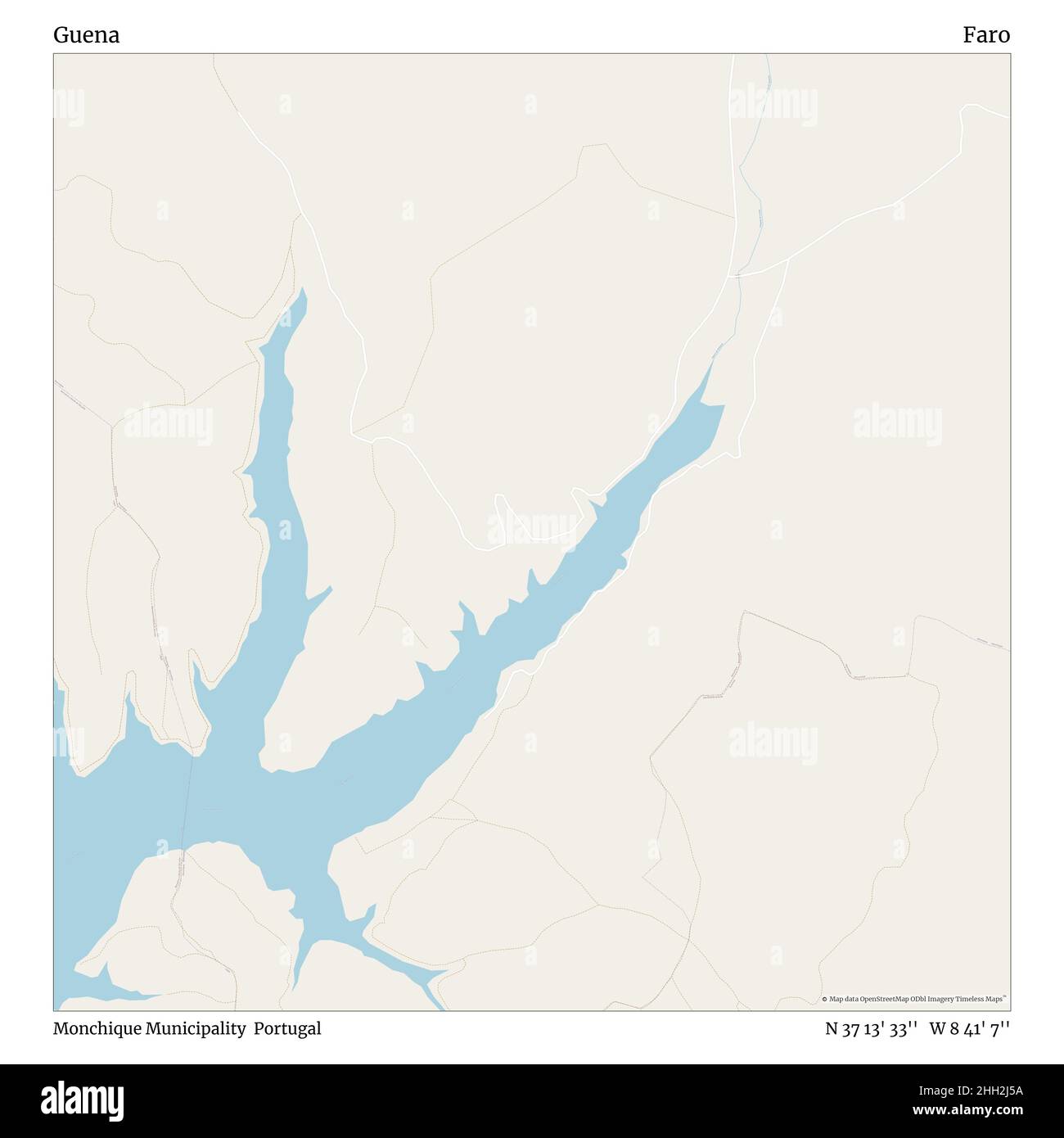 Guena, comune di Monchique, Portogallo, Faro, N 37 13' 33'', W 8 41' 7''', mappa, mappa senza tempo pubblicata nel 2021. Viaggiatori, esploratori e avventurieri come Florence Nightingale, David Livingstone, Ernest Shackleton, Lewis and Clark e Sherlock Holmes si sono affidati alle mappe per pianificare i viaggi verso gli angoli più remoti del mondo, Timeless Maps sta mappando la maggior parte delle località del mondo, mostrando il successo di grandi sogni Foto Stock