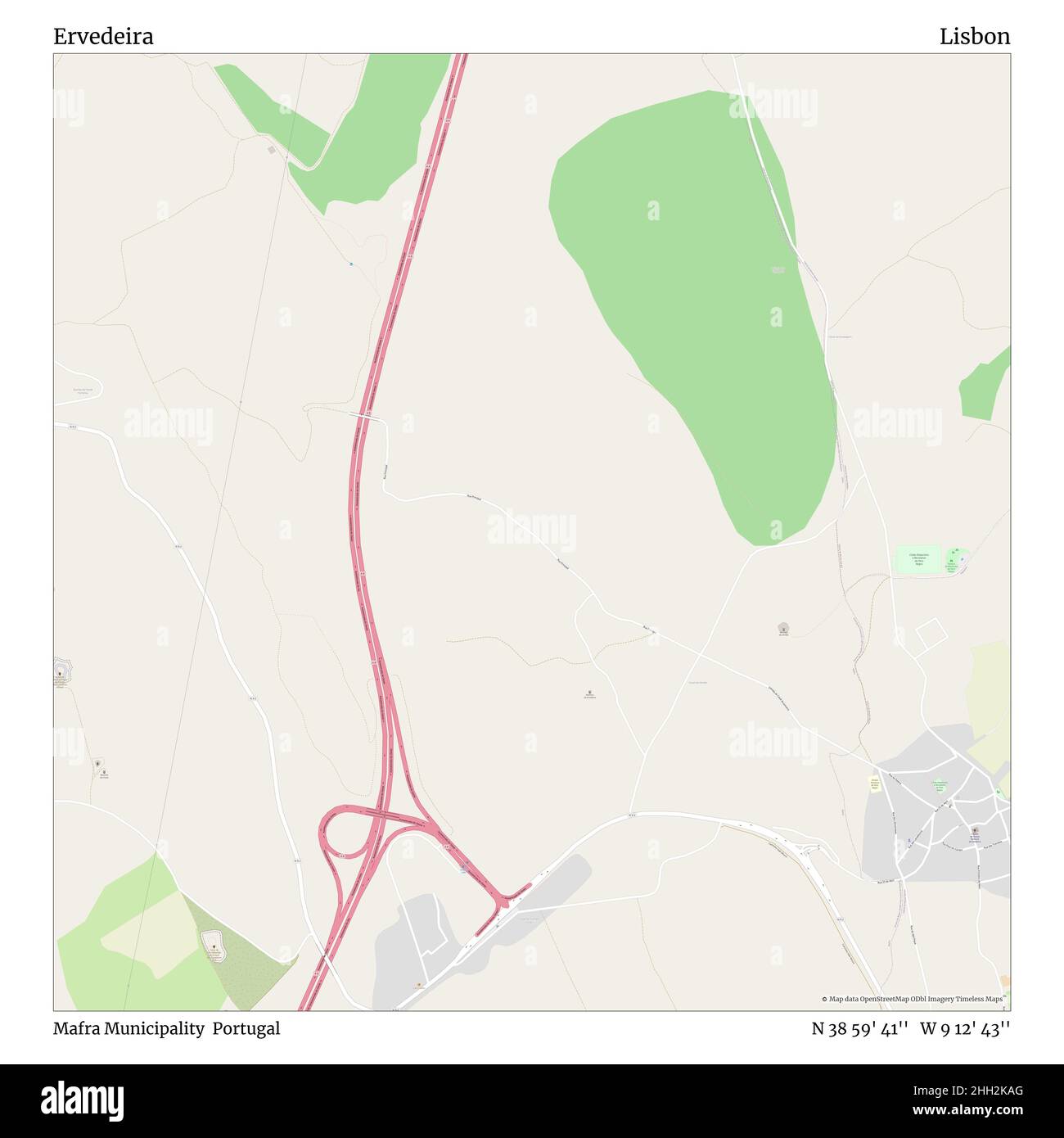 Ervedeira, comune di Mafra, Portogallo, Lisbona, N 38 59' 41'', W 9 12' 43''', mappa, mappa senza tempo pubblicata nel 2021. Viaggiatori, esploratori e avventurieri come Florence Nightingale, David Livingstone, Ernest Shackleton, Lewis and Clark e Sherlock Holmes si sono affidati alle mappe per pianificare i viaggi verso gli angoli più remoti del mondo, Timeless Maps sta mappando la maggior parte delle località del mondo, mostrando il successo di grandi sogni Foto Stock