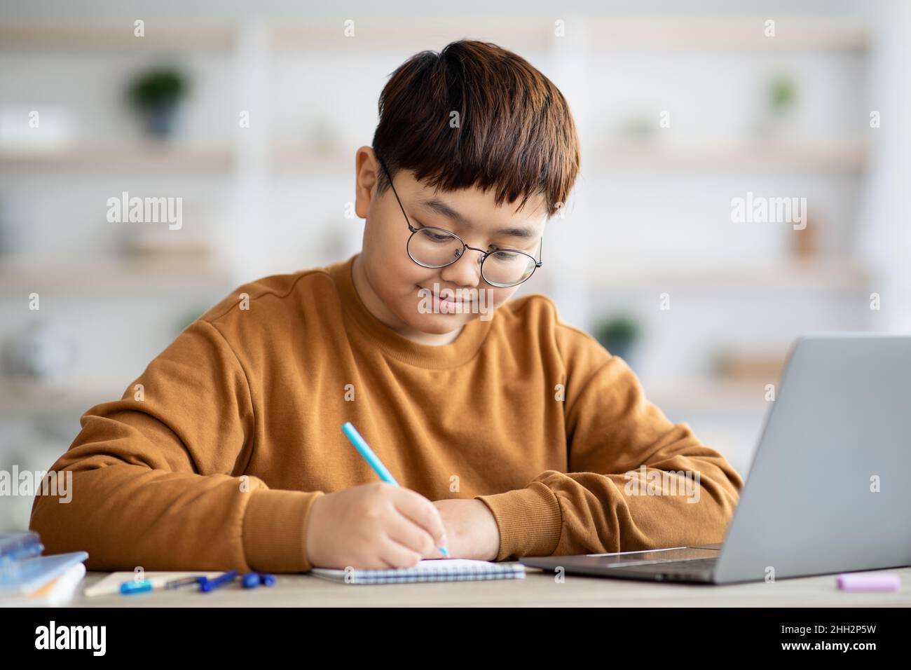 Plump ragazzo cinese nerd fare i compiti, utilizzando il portatile Foto Stock