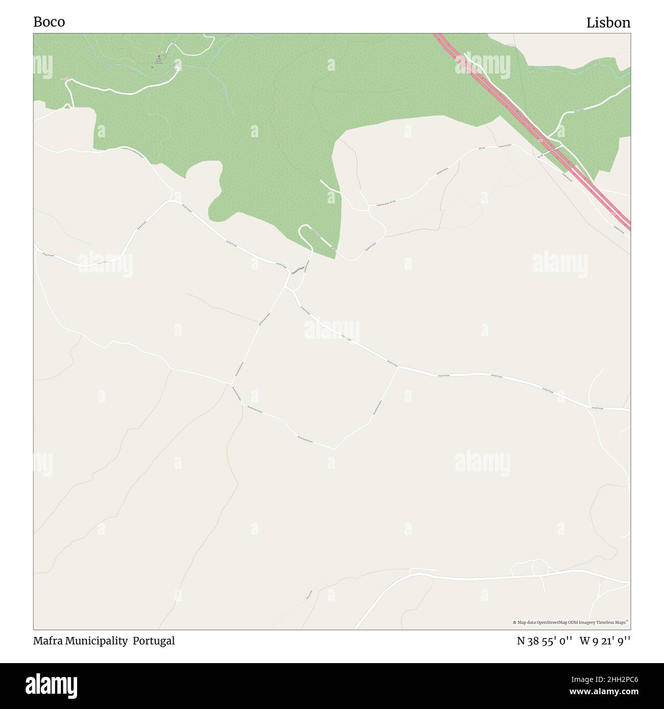 Boco, comune di Mafra, Portogallo, Lisbona, N 38 55' 0'', W 9 21' 9''', mappa, mappa senza tempo pubblicata nel 2021. Viaggiatori, esploratori e avventurieri come Florence Nightingale, David Livingstone, Ernest Shackleton, Lewis and Clark e Sherlock Holmes si sono affidati alle mappe per pianificare i viaggi verso gli angoli più remoti del mondo, Timeless Maps sta mappando la maggior parte delle località del mondo, mostrando il successo di grandi sogni Foto Stock