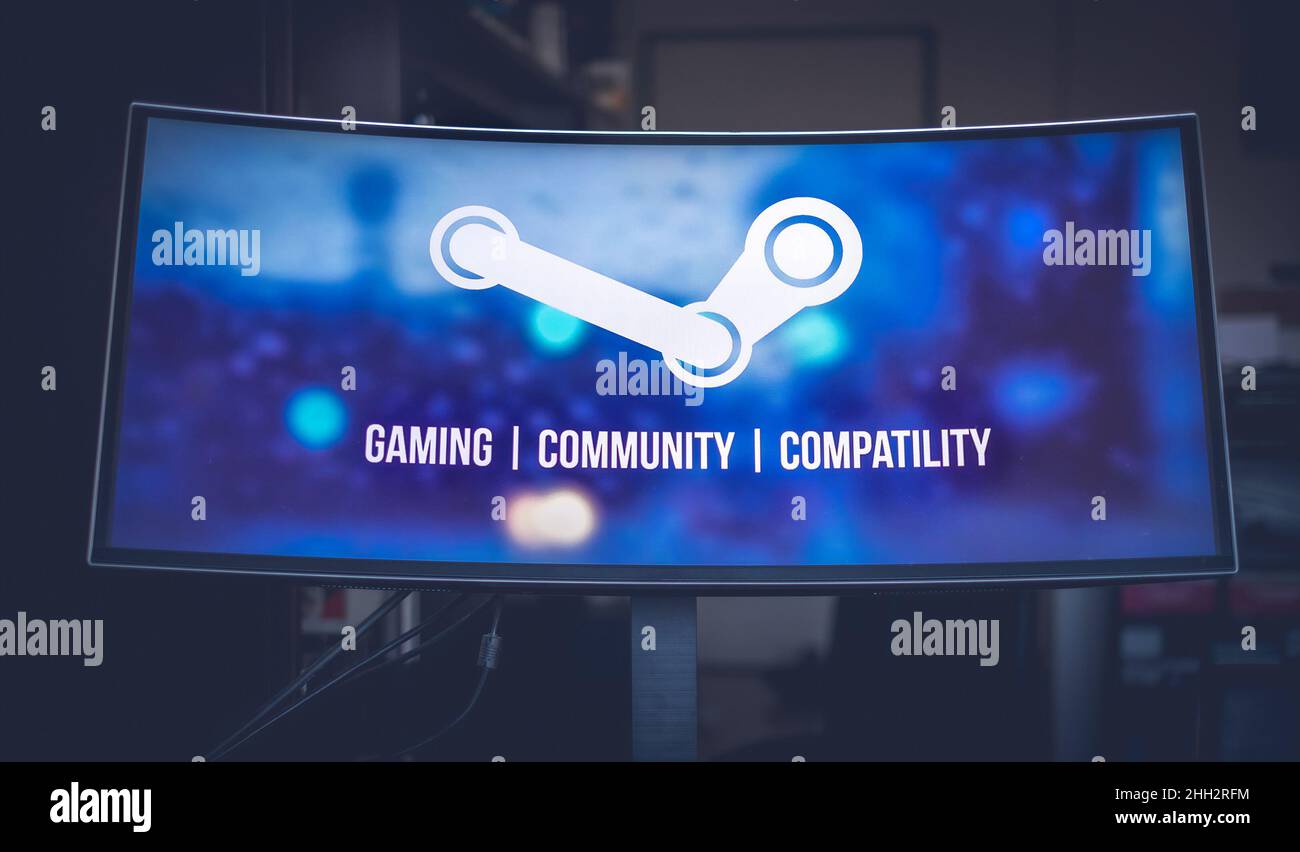 Logo Monitor Steam store Valve software house produttore di videogiochi, famoso per Half-Life e Counter Strike Foto Stock