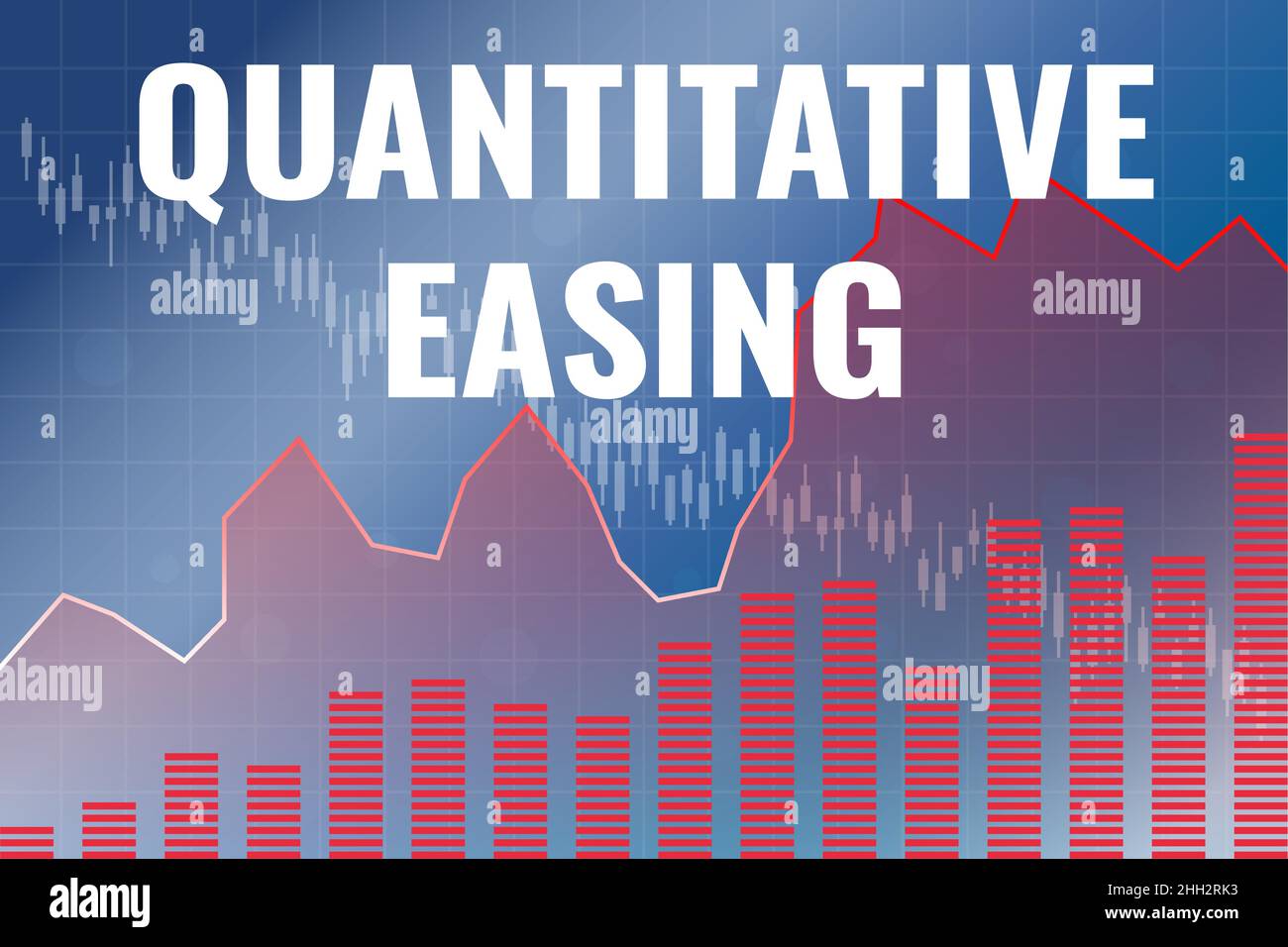 Parole quantitative easing (QE) su sfondo finanziario blu e rosso da colonne, linee, candelieri. Economia e finanza Illustrazione Vettoriale