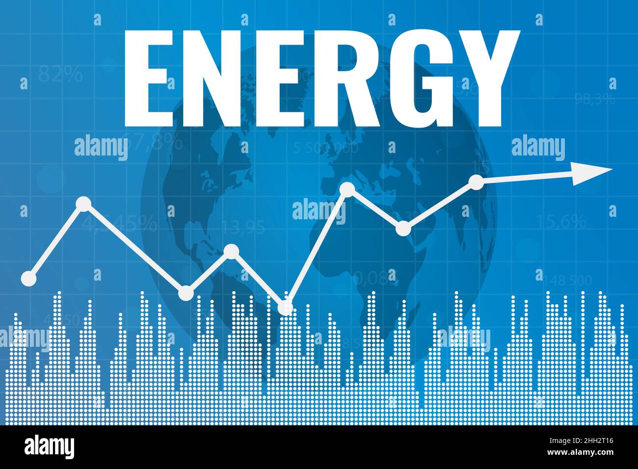 Settore azionario energia, cambiare il prezzo sui mercati finanziari. Texte sur Energy on blue finance background from columns, line, numbers, globo World map Illustrazione Vettoriale