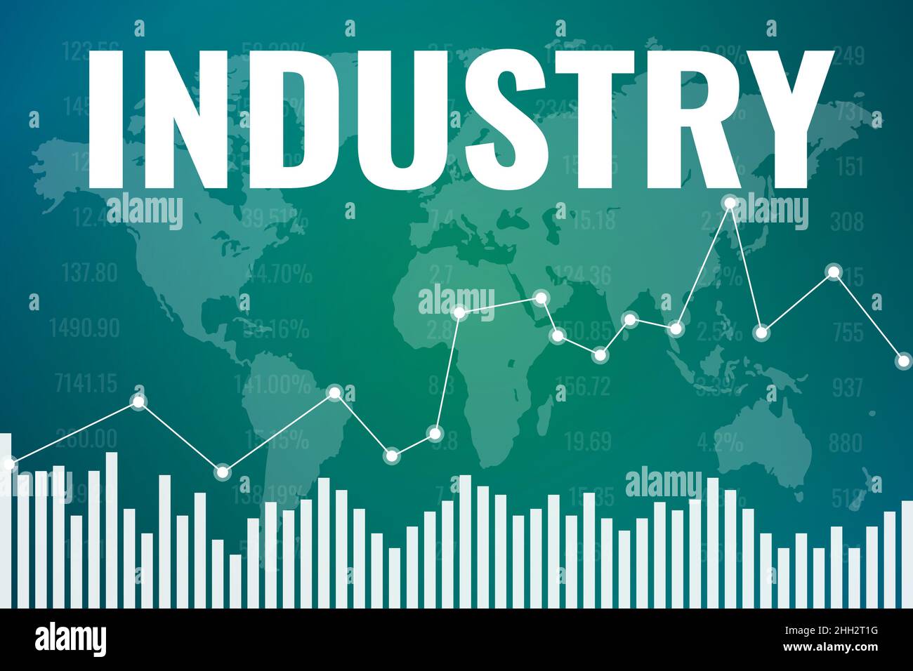Settore azionario industria, cambiare il prezzo sui mercati finanziari. Texte sur Industry on green finance background from columns, line, numbers, World map Illustrazione Vettoriale