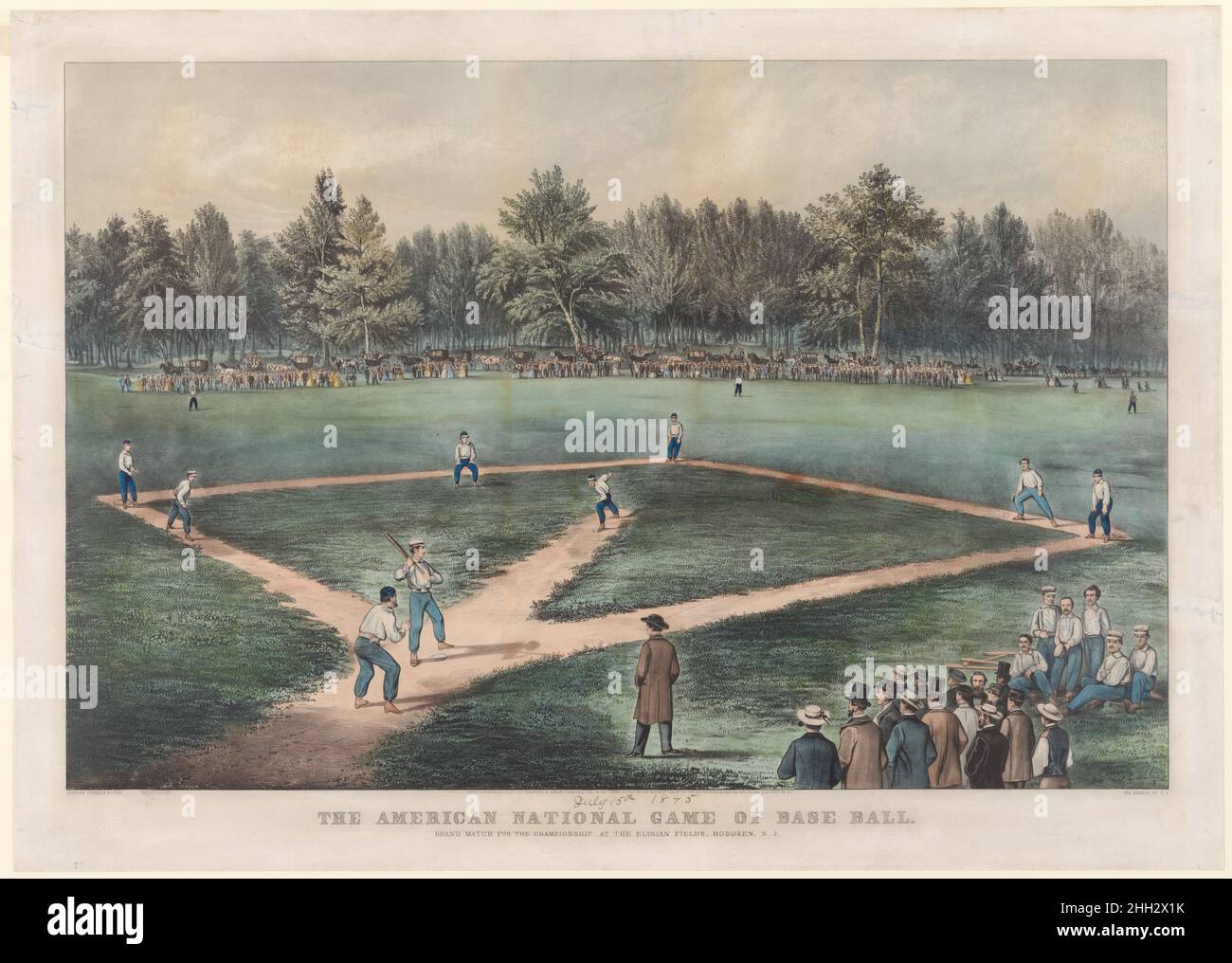 Il gioco nazionale americano della sfera di base: 1866 Currier & Ives questo grande litografo Currier & Ives, pubblicato poco dopo la Guerra civile americana, si classifica tra le più celebrate delle immagini del XIX secolo di una partita di baseball in corso -- Il campionato 1865 tra il Mutual Club di Manhattan e l'Atlantic Club di Brooklyn. Questo gioco è stato giocato prima di una folla enorme (alcuni hanno riferito quasi 20.000 spettatori) presso i campi Elysian a Hoboken, New Jersey, il sito della prima partita di baseball registrata, organizzata su Ju Foto Stock