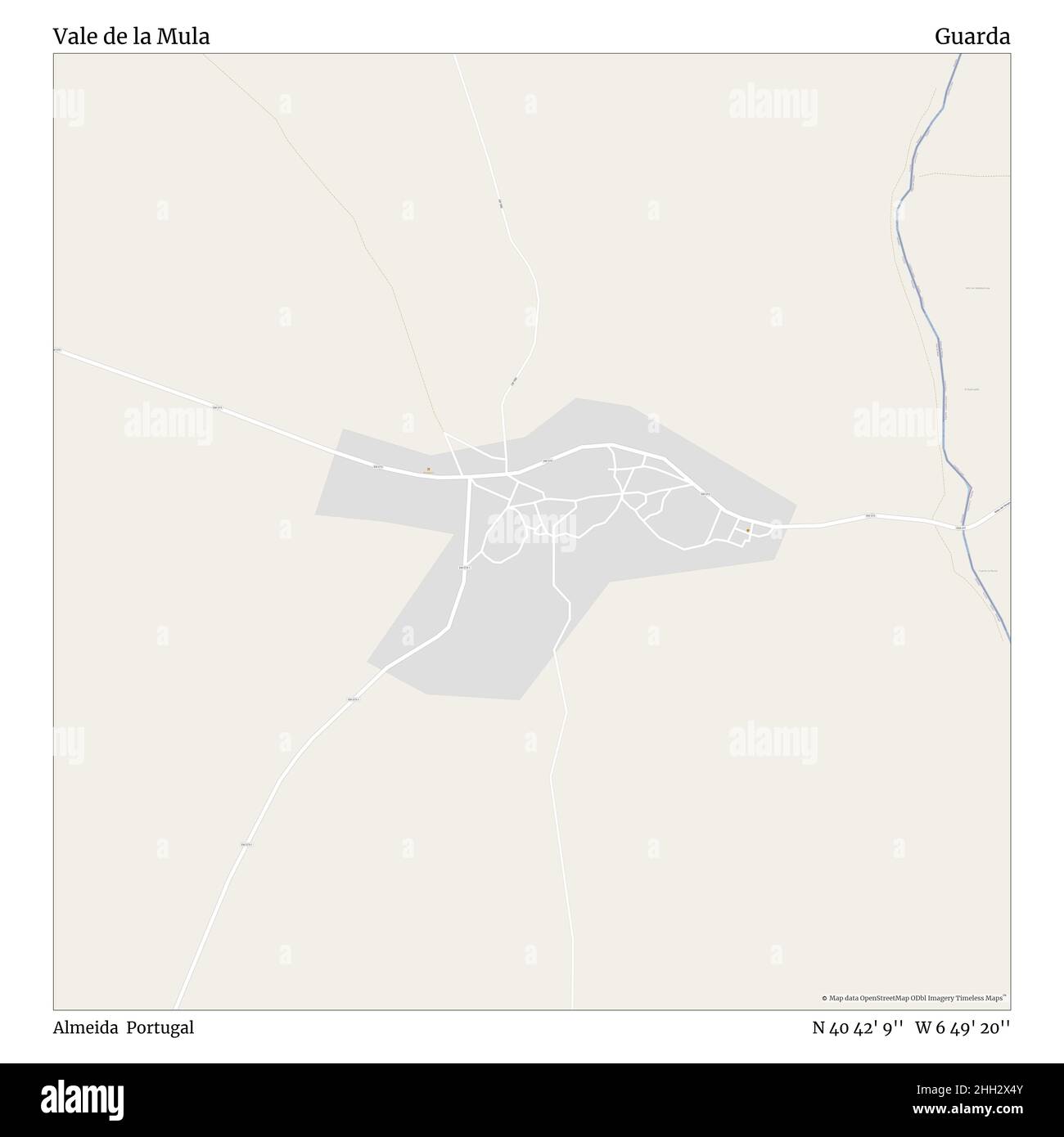 Vale de la Mula, Almeida, Portogallo, Guarda, N 40 42' 9''', W 6 49' 20''', mappa, Mappa senza tempo pubblicata nel 2021. Viaggiatori, esploratori e avventurieri come Florence Nightingale, David Livingstone, Ernest Shackleton, Lewis and Clark e Sherlock Holmes si sono affidati alle mappe per pianificare i viaggi verso gli angoli più remoti del mondo, Timeless Maps sta mappando la maggior parte delle località del mondo, mostrando il successo di grandi sogni Foto Stock