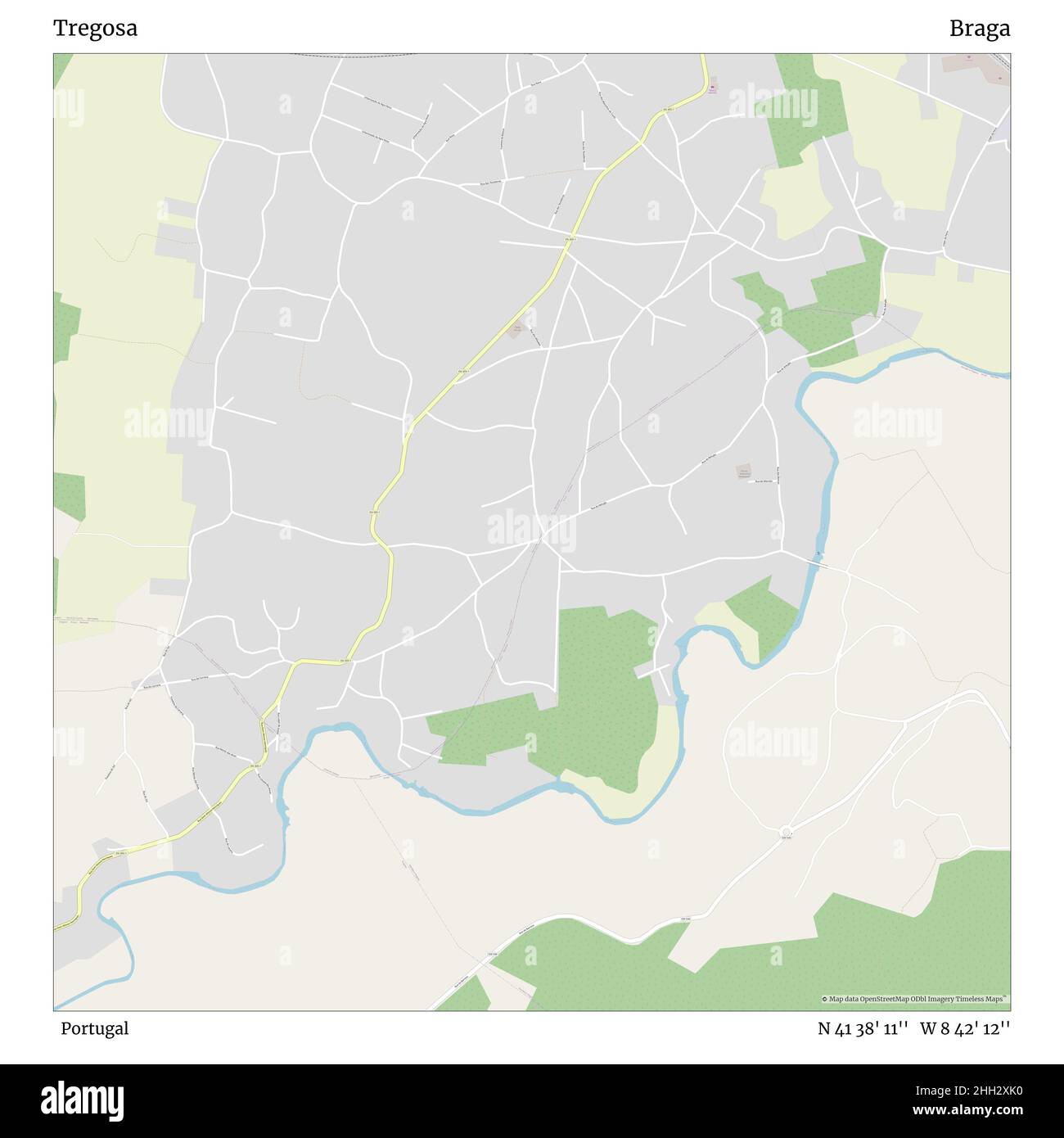 Tregosa, Portogallo, Braga, N 41 38' 11'', W 8 42' 12'', mappa, mappa senza tempo pubblicata nel 2021. Viaggiatori, esploratori e avventurieri come Florence Nightingale, David Livingstone, Ernest Shackleton, Lewis and Clark e Sherlock Holmes si sono affidati alle mappe per pianificare i viaggi verso gli angoli più remoti del mondo, Timeless Maps sta mappando la maggior parte delle località del mondo, mostrando il successo di grandi sogni Foto Stock