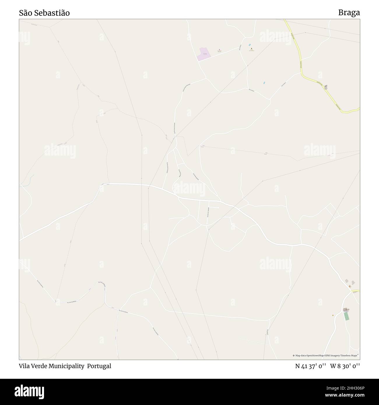 São Sebastião, comune di Vila Verde, Portogallo, Braga, N 41 37' 0'', W 8 30' 0''', mappa, mappa senza tempo pubblicata nel 2021. Viaggiatori, esploratori e avventurieri come Florence Nightingale, David Livingstone, Ernest Shackleton, Lewis and Clark e Sherlock Holmes si sono affidati alle mappe per pianificare i viaggi verso gli angoli più remoti del mondo, Timeless Maps sta mappando la maggior parte delle località del mondo, mostrando il successo di grandi sogni Foto Stock