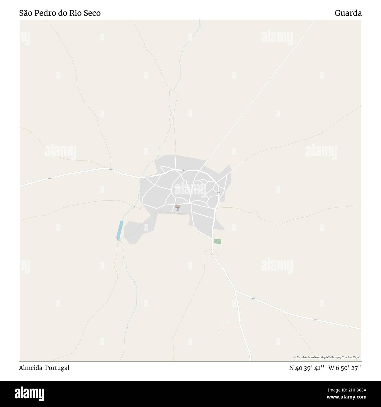 São Pedro do Rio Seco, Almeida, Portogallo, Guarda, N 40 39' 41'', W 6 50' 27''', mappa, mappa senza tempo pubblicata nel 2021. Viaggiatori, esploratori e avventurieri come Florence Nightingale, David Livingstone, Ernest Shackleton, Lewis and Clark e Sherlock Holmes si sono affidati alle mappe per pianificare i viaggi verso gli angoli più remoti del mondo, Timeless Maps sta mappando la maggior parte delle località del mondo, mostrando il successo di grandi sogni Foto Stock