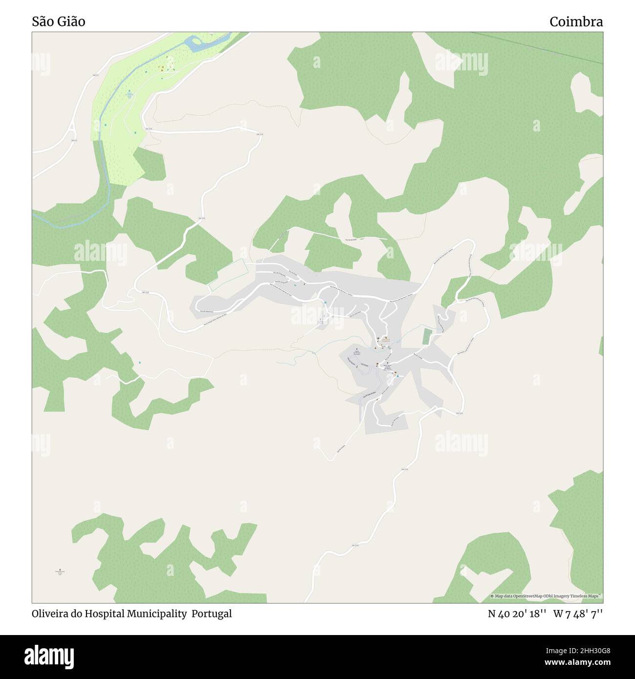 São Gião, Oliveira do Hospital Municipality, Portogallo, Coimbra, N 40 20' 18'', W 7 48' 7''', mappa, mappa senza tempo pubblicata nel 2021. Viaggiatori, esploratori e avventurieri come Florence Nightingale, David Livingstone, Ernest Shackleton, Lewis and Clark e Sherlock Holmes si sono affidati alle mappe per pianificare i viaggi verso gli angoli più remoti del mondo, Timeless Maps sta mappando la maggior parte delle località del mondo, mostrando il successo di grandi sogni Foto Stock