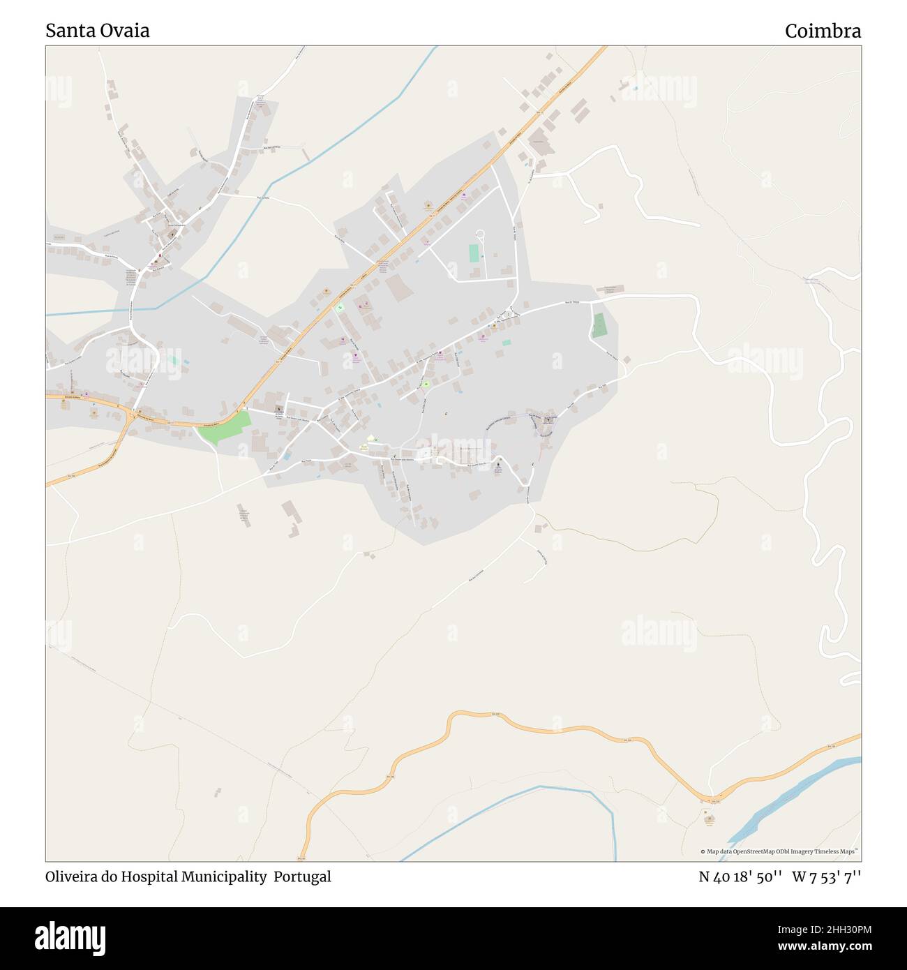 Santa Ovaia, Oliveira do Hospital Municipality, Portogallo, Coimbra, N 40 18' 50'', W 7 53' 7''', mappa, mappa senza tempo pubblicata nel 2021. Viaggiatori, esploratori e avventurieri come Florence Nightingale, David Livingstone, Ernest Shackleton, Lewis and Clark e Sherlock Holmes si sono affidati alle mappe per pianificare i viaggi verso gli angoli più remoti del mondo, Timeless Maps sta mappando la maggior parte delle località del mondo, mostrando il successo di grandi sogni Foto Stock