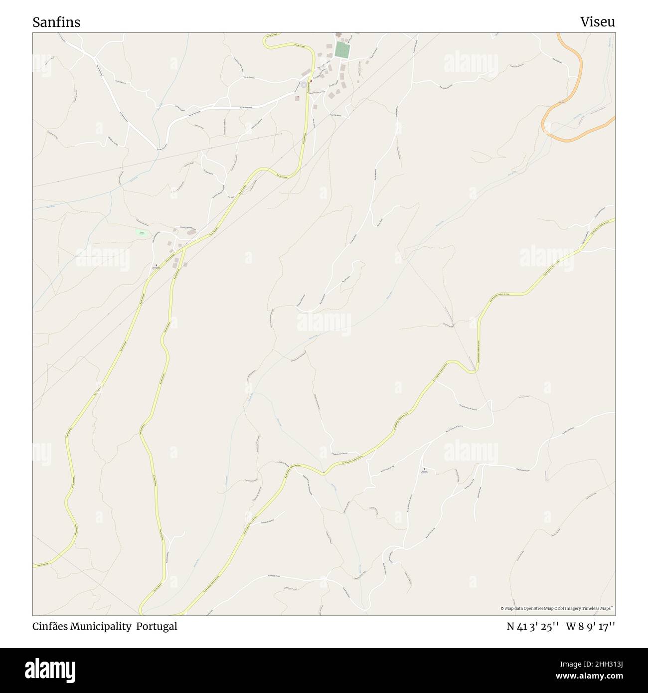 Sanfins, comune di Cinfães, Portogallo, Viseu, N 41 3' 25'', W 8 9' 17''', mappa, mappa senza tempo pubblicata nel 2021. Viaggiatori, esploratori e avventurieri come Florence Nightingale, David Livingstone, Ernest Shackleton, Lewis and Clark e Sherlock Holmes si sono affidati alle mappe per pianificare i viaggi verso gli angoli più remoti del mondo, Timeless Maps sta mappando la maggior parte delle località del mondo, mostrando il successo di grandi sogni Foto Stock