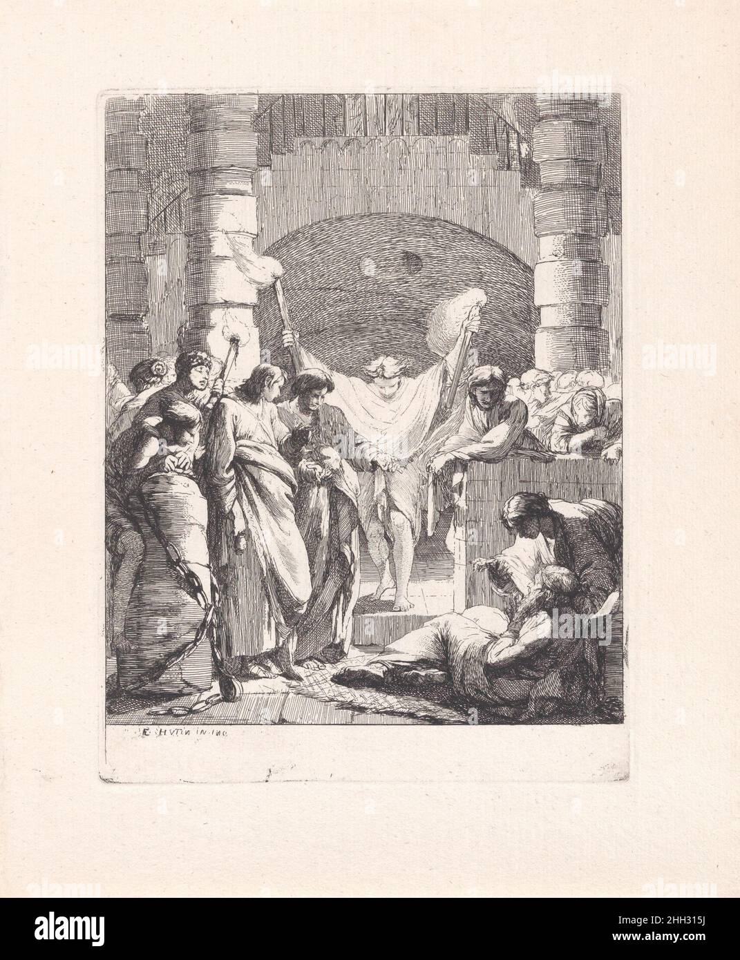Visita alla prigione ca.1737-42 Francesco Hutin questa stampa proviene da una serie che raffigura le sette misericordie fatte da Francesco Hutin presumibilmente durante il suo soggiorno a Roma, dal 1737 al 1742. La sua facilità con l'ago di attacco è evidente nelle forme espressive delle figure e nella padronanza degli effetti della luce. Dopo la sua morte, suo figlio li avrebbe rivendicati come suo lavoro, alterando il primo iniziale nella firma da 'F' a 'C' quando pubblicò una collezione delle sue incisioni a Dresda nel 1763. Visita del carcere. Francis Hutin (francese, 1686–1758). CA.1737-42. Acquaforte. Stampa Foto Stock