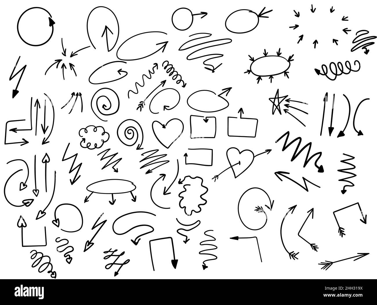 set di frecce di forme e stili diversi nella tecnica dei doodles disegnati. Collezione vettoriale di puntatori a freccia: Bolla, cuore, punteggiata, a strisce Illustrazione Vettoriale