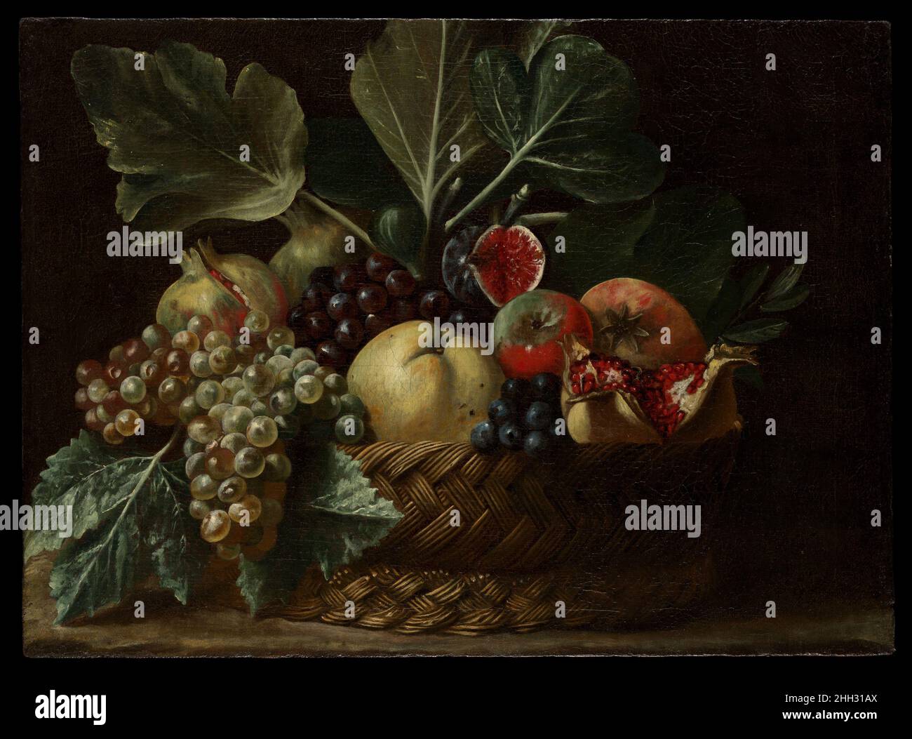 Cestino di frutta ca. 1620 la bravura raffigurante la frutta e il fogliame di Bartolomeo Cavarozzi Cavarozzi in un semplice cesto contro un terreno monocromatico evoca una celebre foto di Caravaggio (cesto di frutta, Pinacoteca Ambrosiana, Milano). Cavarozzi fu esponente di spicco della pittura still-life sia in Italia che in Spagna, dove accompagnò il nobile Giovanni Battista Crescenzi nel 1617-19. Cestino di frutta. Bartolomeo Cavarozzi (Viterbo 1587–1625 Roma). CA. 1620. Olio su tela. Dipinti Foto Stock