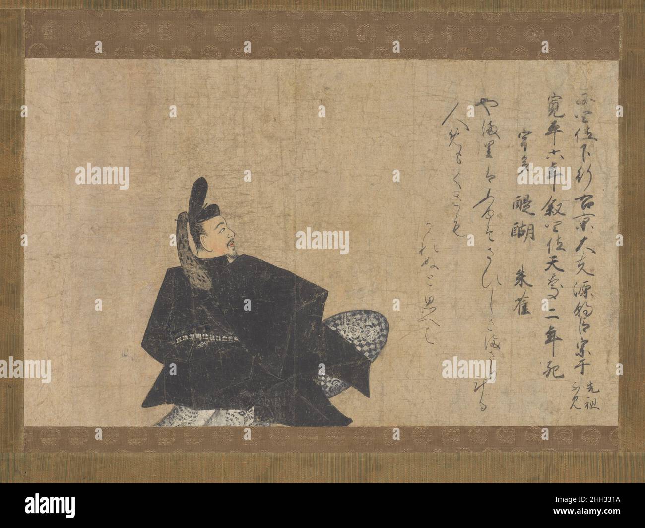 Minamoto no Muneyuki, dalla “versione Fujifusa” di trentasei Immortali poetici (Fujifusa-bon Sanj?rokkasen emaki) inizio 15th secolo non identificato Minamoto no Muneyuki (morto ca. 939), poeta e cortigiano del periodo Heian (794-1185), è contato tra i trentasei Immortali poetici, una lista di poeti celebrati ideati durante l'XI secolo. Gli artisti di corte hanno creato ritratti immaginari dei venerati poeti, accompagnati da versi rappresentativi per ciascuno. Nelle manoscarrole dipinte, i poeti erano spesso appaiati e raffigurati come se partecipassero ad una vera e propria competizione di poesia. Muneyuki w Foto Stock