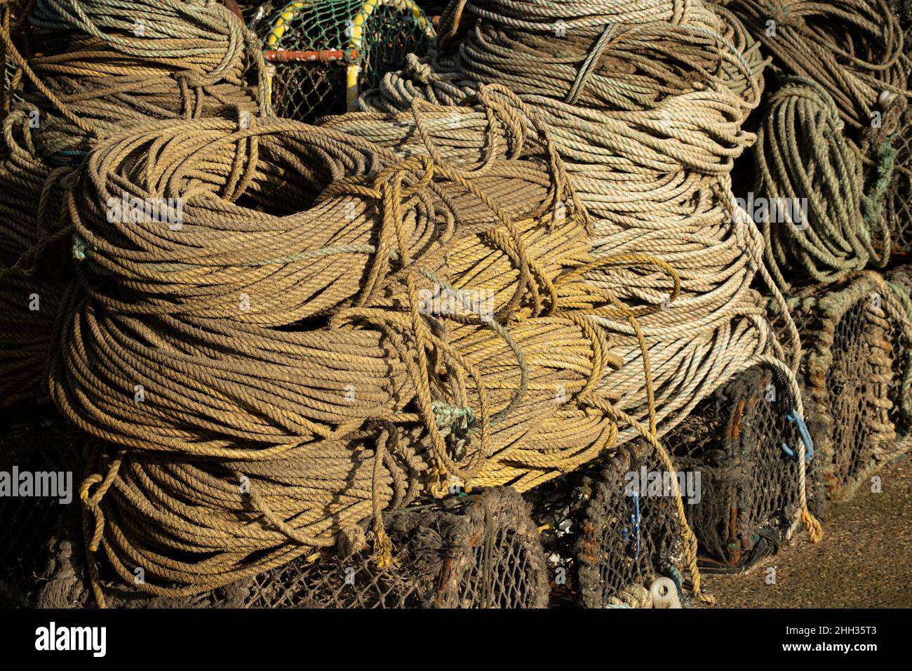 Per la posa di linee di granchio e di altri attrezzi da pesca sono necessarie enormi tratte di linee di funi sintetiche. Le materie plastiche e i nylon sono i principali inquinatori marini Foto Stock
