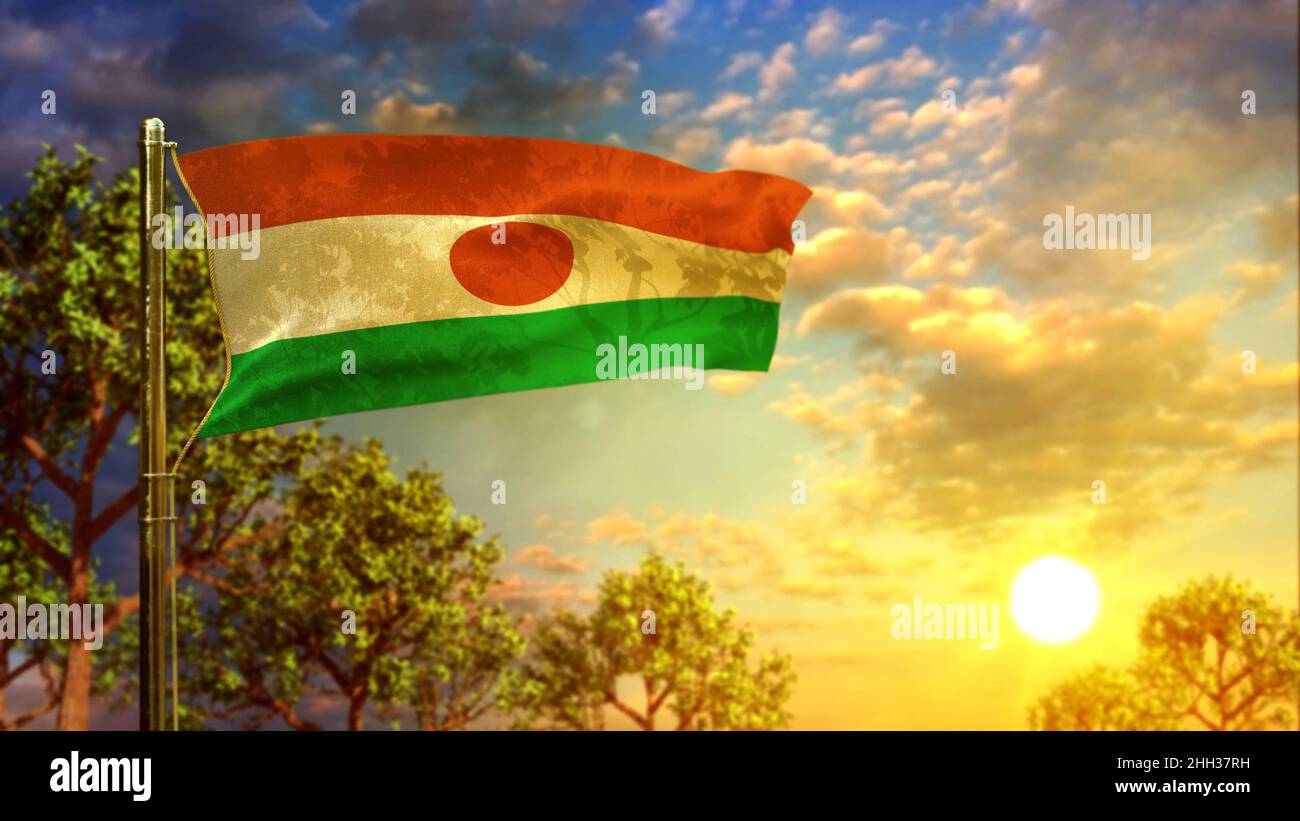 Sventola bandiera del Niger all'alba per il giorno della bandiera - illustrazione astratta del 3D Foto Stock