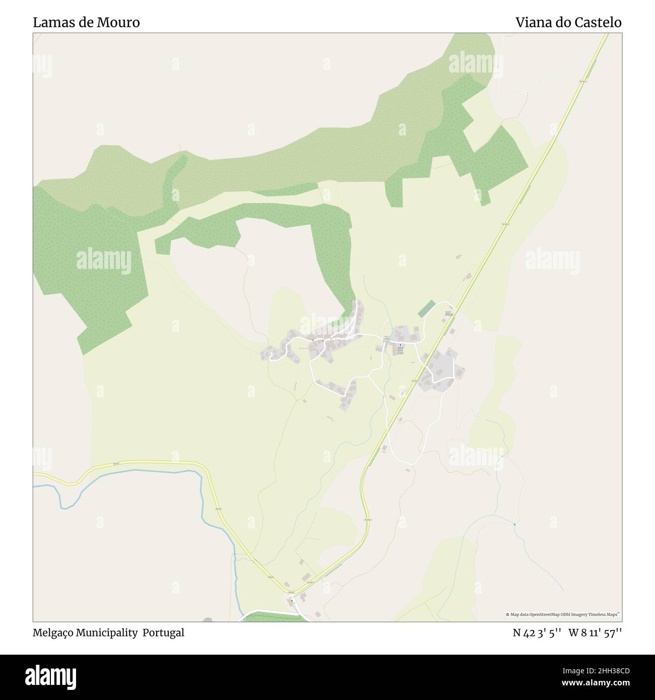 Lamas de Mouro, comune di Melgao, Portogallo, Viana do Castelo, N 42 3' 5''', W 8 11' 57''', mappa, Mappa senza tempo pubblicata nel 2021. Viaggiatori, esploratori e avventurieri come Florence Nightingale, David Livingstone, Ernest Shackleton, Lewis and Clark e Sherlock Holmes si sono affidati alle mappe per pianificare i viaggi verso gli angoli più remoti del mondo, Timeless Maps sta mappando la maggior parte delle località del mondo, mostrando il successo di grandi sogni Foto Stock