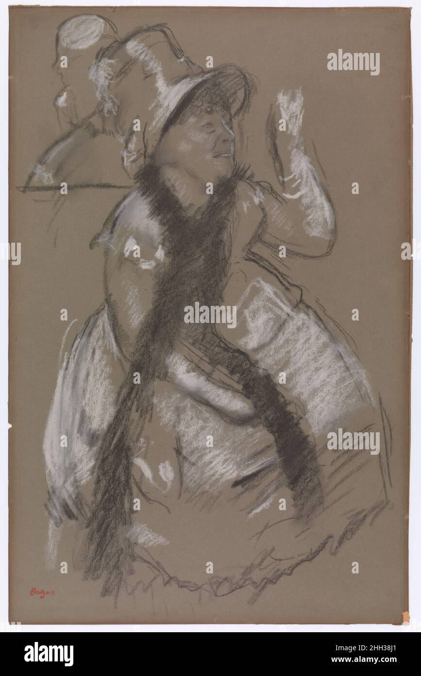 Ritratto di Madame Dietz-Monnin ca. 1879 Edgar Degas a causa di difficoltà finanziarie alla fine del 1870s, Degas accettò una commissione per dipingere il ritratto di Madame Adèle Dietz-Monnin, un'opera successivamente inclusa nel catalogo della Mostra impressionista 1879 come 'Ritratto dopo una palla di costume' (Art Institute of Chicago). Le lettere attestano le frequenti sedute nella primavera del 1879; tuttavia, questo disegno è uno dei pochissimi studi superstiti. Eseguita con vigore in pastello bianco e nero, mostra Degas che registra come la luce cadde attraverso il sitter con particolare attenzione ai punti forti. I fari Foto Stock