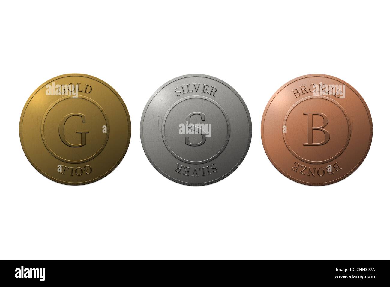 Medaglie d'oro, d'argento e di bronzo isolate su bianco. Medaglie tonde d'oro, d'argento e di bronzo con testo su sfondo bianco. Foto Stock