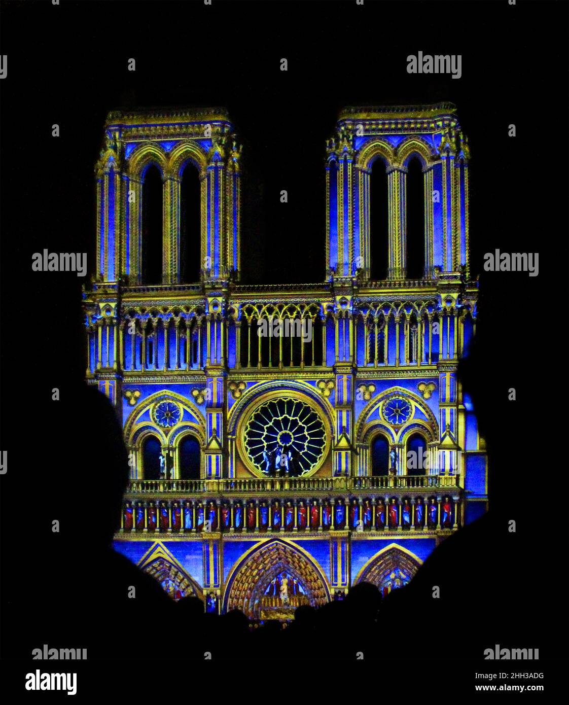 Notre Dame de Parisl (Francia), prima dell'incendio subìto, illuminata da uno spettacolo notturno, e con successivi ritocchi digitali. Foto Stock