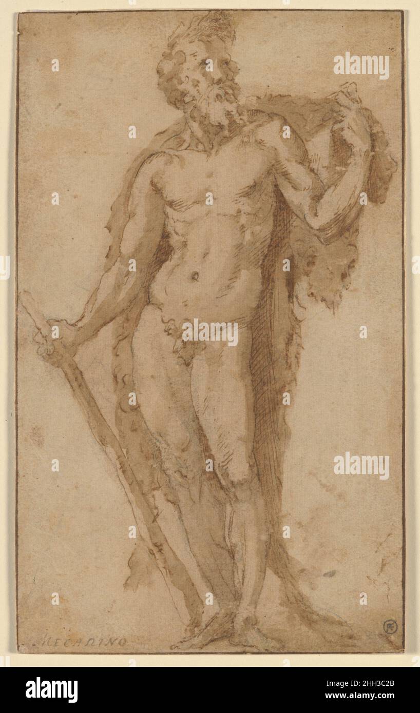 Ercole, in piedi con un Club 1530–1540 Domenico Beccafumi. Hercules, in piedi con un club. Domenico Beccafumi (Italia, Cortine in Valdibiana Montaperti 1484–1551 Siena). 1530–1540. Penna e inchiostro marrone, pennello e lavaggio marrone, su tracce di gesso nero. Disegni Foto Stock