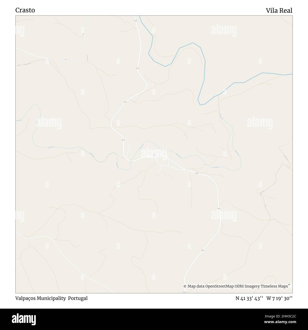 Crasto, comune di Valpaos, Portogallo, Vila Real, N 41 33' 43'', W 7 19' 30''', mappa, mappa senza tempo pubblicata nel 2021. Viaggiatori, esploratori e avventurieri come Florence Nightingale, David Livingstone, Ernest Shackleton, Lewis and Clark e Sherlock Holmes si sono affidati alle mappe per pianificare i viaggi verso gli angoli più remoti del mondo, Timeless Maps sta mappando la maggior parte delle località del mondo, mostrando il successo di grandi sogni Foto Stock