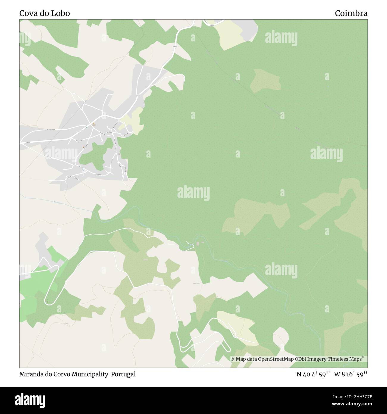 Cova do Lobo, comune di Miranda do Corvo, Portogallo, Coimbra, N 40 4' 59'', W 8 16' 59''', mappa, Mappa senza tempo pubblicata nel 2021. Viaggiatori, esploratori e avventurieri come Florence Nightingale, David Livingstone, Ernest Shackleton, Lewis and Clark e Sherlock Holmes si sono affidati alle mappe per pianificare i viaggi verso gli angoli più remoti del mondo, Timeless Maps sta mappando la maggior parte delle località del mondo, mostrando il successo di grandi sogni Foto Stock