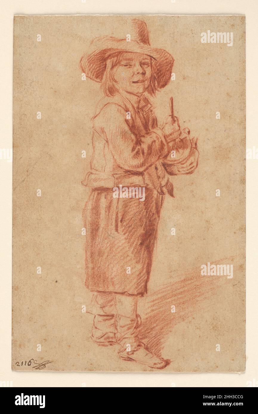 Il Rommelpot Player 18th secolo Francese (?) Francese questo disegno fu probabilmente eseguito in Francia in un momento in cui il vogue per la pittura olandese del XVII secolo ispirò gli artisti francesi a coltivare il proprio approccio ai soggetti della vita quotidiana. I giocatori di Rommelpot appaiono nelle immagini di genere olandesi come compagni bizzarri ai macellai al lavoro o più frequentemente come animatori in scene di riveleria casuale. Fatto da una vescica di maiale, il rommelpot produceva un forte stridio. Più di un noisemaker che di uno strumento musicale, è stato utilizzato principalmente dai bambini; di conseguenza, questo disegno, ora tagliato, una volta condiviso t Foto Stock