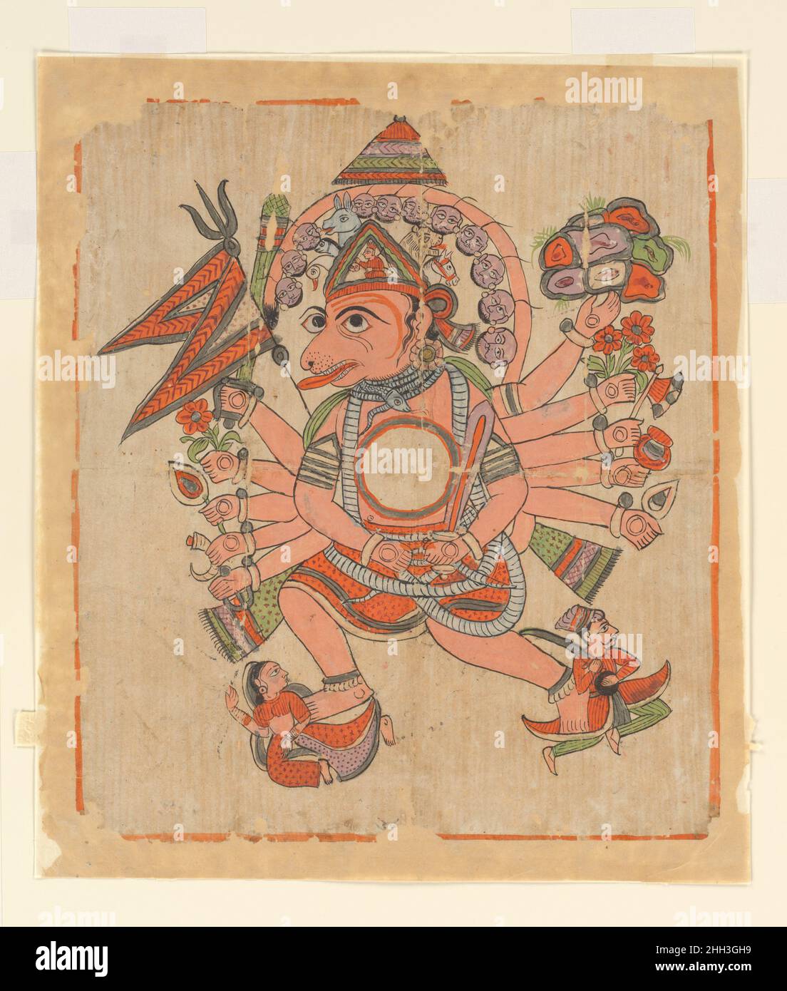Hanuman nel suo Tantric cinque-testa Pancha Mukha forma ca. Fine 19th secolo India, Rajastan o Gujarat questa è una rappresentazione tantrica di Hanuman, il grande guerriero di scimmia e un alleato di Rama. Qui, si batte coraggiosamente in avanti, calpestando i demoni e brandiendo una serie di armi e altri attributi. Sopra la sua corona ci sono cinque teste animali: Un'oca, un serpente, una mulo, un leone e un cavallo. Da bambino, Hanuman ha maltrattato il sole per una frutta matura e ha cercato di mangiarla. Vari dei intervennero e, alla fine, gli fu concessa l'immortalità, l'immunità dal fuoco e dall'acqua, e la capacità di muoversi alla stessa velocità del vento. Foto Stock