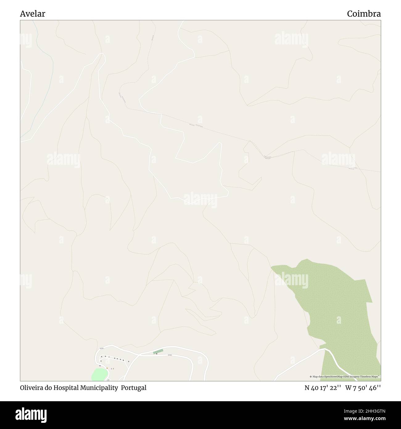 Avelar, Oliveira do Hospital Municipality, Portogallo, Coimbra, N 40 17' 22'', W 7 50' 46''', mappa, mappa senza tempo pubblicata nel 2021. Viaggiatori, esploratori e avventurieri come Florence Nightingale, David Livingstone, Ernest Shackleton, Lewis and Clark e Sherlock Holmes si sono affidati alle mappe per pianificare i viaggi verso gli angoli più remoti del mondo, Timeless Maps sta mappando la maggior parte delle località del mondo, mostrando il successo di grandi sogni Foto Stock