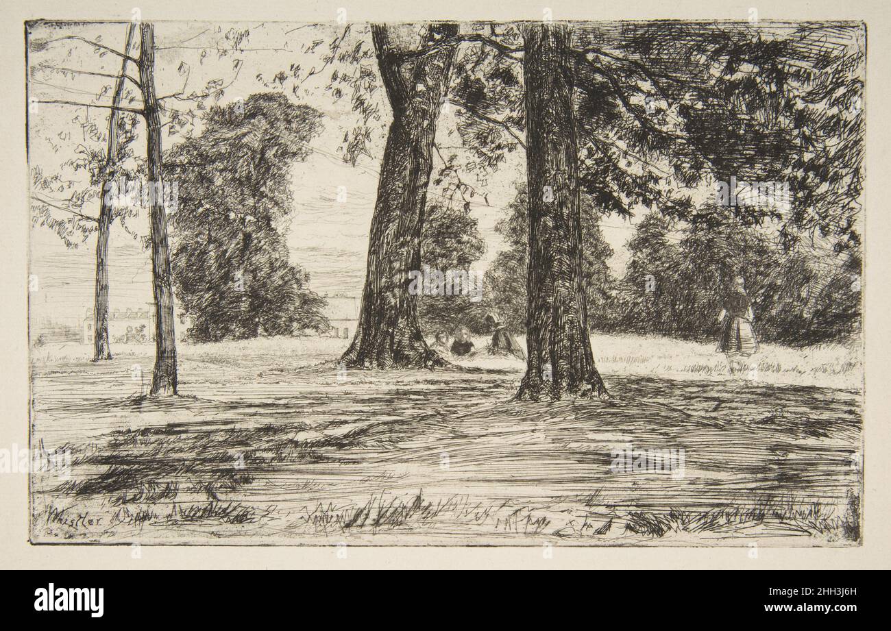 Greenwich Park 1859 James McNeill Whistler American Whistler ha viaggiato lungo il Tamigi per trovare l'oggetto di un prato ombreggiato a Greenwich, visitando il parco con il suo cognato di etcher Seymour Haden. Entrambi crearono stampe che mostrarono un pensionato navale del vicino Ospedale reale per i marinai che si rilassarono sull'erba (Whister's intitolato 'Greenwich pensionato' (17,3.27) e 'Sub Tegmine' di Haden (sotto la tettoia; 17,3.276). Il Met ha altre due impressioni di 'Greenwich Park' (83,1.22, 17.21.71). Greenwich Park 372500 Foto Stock