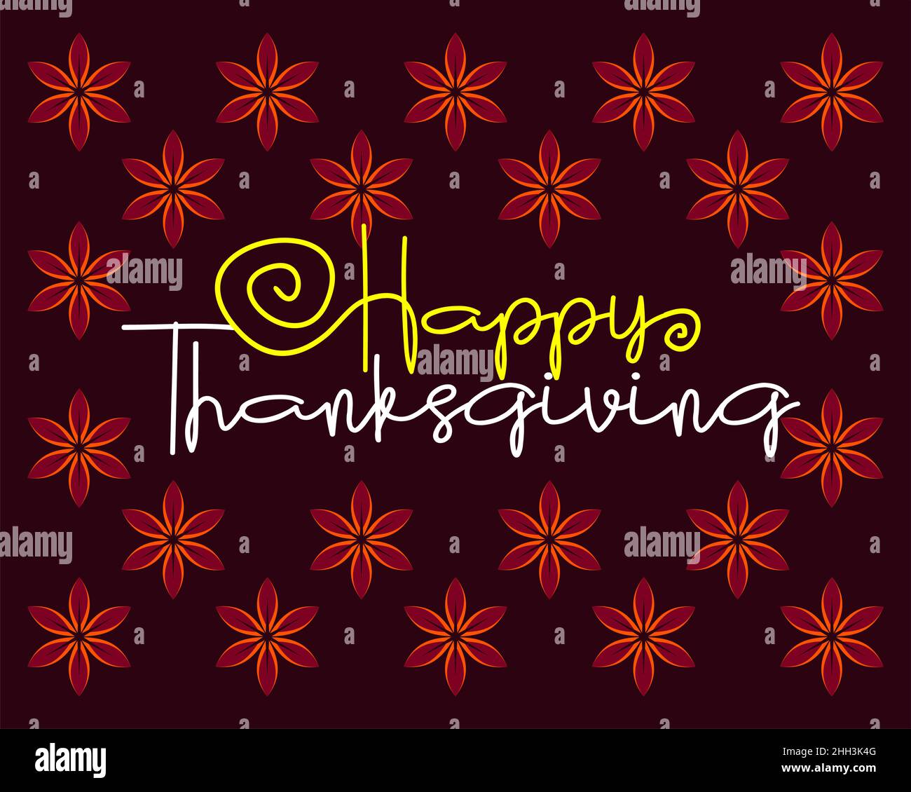 Happy Thanksgiving Day Vector Illustration. Testo giallo-bianco su sfondo rosso maroon. Elementi di design, pattern. Illustrazione Vettoriale
