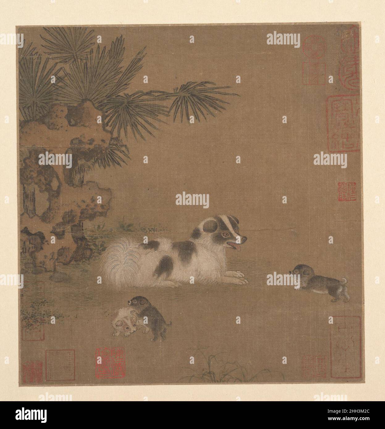 Cuccioli che giocano accanto a un albero di palma e Garden Rock 15th secolo artista non identificato gli animali, le piante e la roccia di Taihu di craggy in questa scena giardino lighthearted sono realisticamente descritti in un modo caratteristico della Southern Song Painting Academy. Tuttavia, il disegno leggermente rigido e piatto così come la relativa grossolanità della seta indicano una data successiva, forse presto Ming, quando la ricostruita Accademia di Pittura Imperiale prese lo stile di Accademia di Song come la sua modalità. Cuccioli che giocano accanto a una palma e Garden Rock 45668 Foto Stock