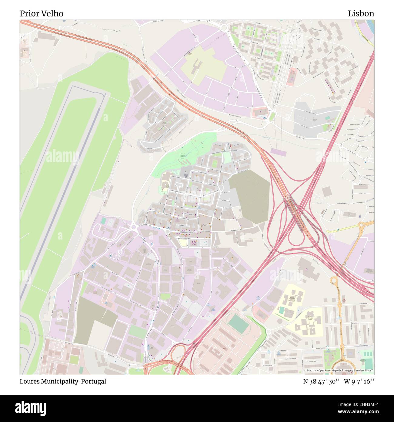 Prior Velho, comune di Loures, Portogallo, Lisbona, N 38 47' 30'', W 9 7' 16''', mappa, mappa senza tempo pubblicata nel 2021. Viaggiatori, esploratori e avventurieri come Florence Nightingale, David Livingstone, Ernest Shackleton, Lewis and Clark e Sherlock Holmes si sono affidati alle mappe per pianificare i viaggi verso gli angoli più remoti del mondo, Timeless Maps sta mappando la maggior parte delle località del mondo, mostrando il successo di grandi sogni Foto Stock