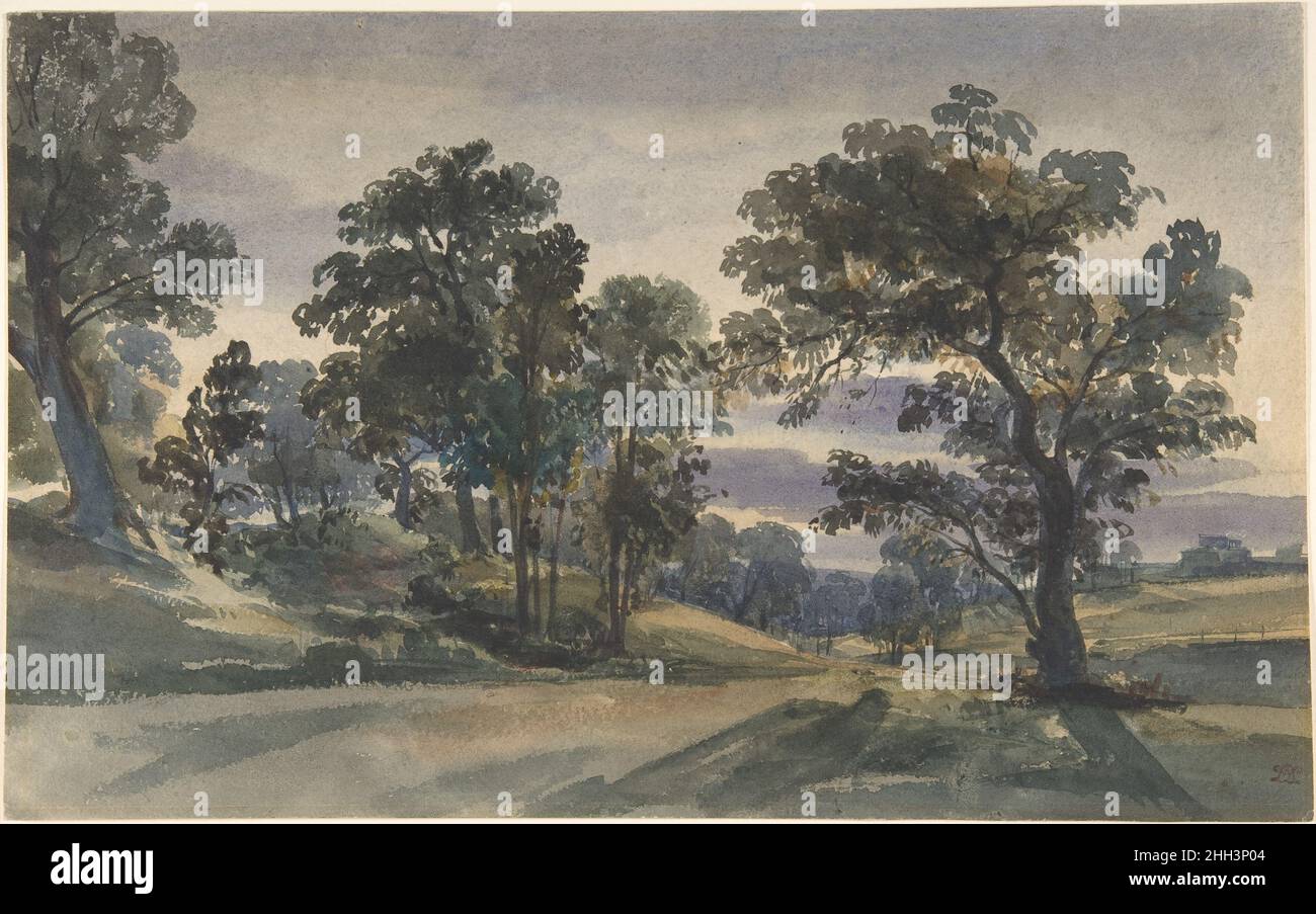 Vista sul parco a Dusk ca. 1879 William Leighton Leitch British, Scottish ombre audaci dal sole di fine giornata si estendono attraverso il paesaggio. I tocchi di colore verde, marrone, blu e ocra creano un parco fiancheggiato da alberi antichi, e lavaggi fluidi in toni simili suggeriscono la terra ondulata e il cielo crepuscolare. La tessitura leggermente ruvida della carta intessuta aumenta il senso dell'atmosfera, sembrando dare presenza all'aria. Anche se questo disegno era una volta attribuito a Peter de Wint, esso reca in basso a destra il timbro dello studio di William Leighton Leitch, che ha firmato e datato un seco Foto Stock Vista sul parco a Dusk ca. 1879 William Leighton Leitch British, Scottish ombre audaci dal sole di fine giornata si estendono attraverso il paesaggio. I tocchi di colore verde, marrone, blu e ocra creano un parco fiancheggiato da alberi antichi, e lavaggi fluidi in toni simili suggeriscono la terra ondulata e il cielo crepuscolare. La tessitura leggermente ruvida della carta intessuta aumenta il senso dell'atmosfera, sembrando dare presenza all'aria. Anche se questo disegno era una volta attribuito a Peter de Wint, esso reca in basso a destra il timbro dello studio di William Leighton Leitch, che ha firmato e datato un seco Foto Stock