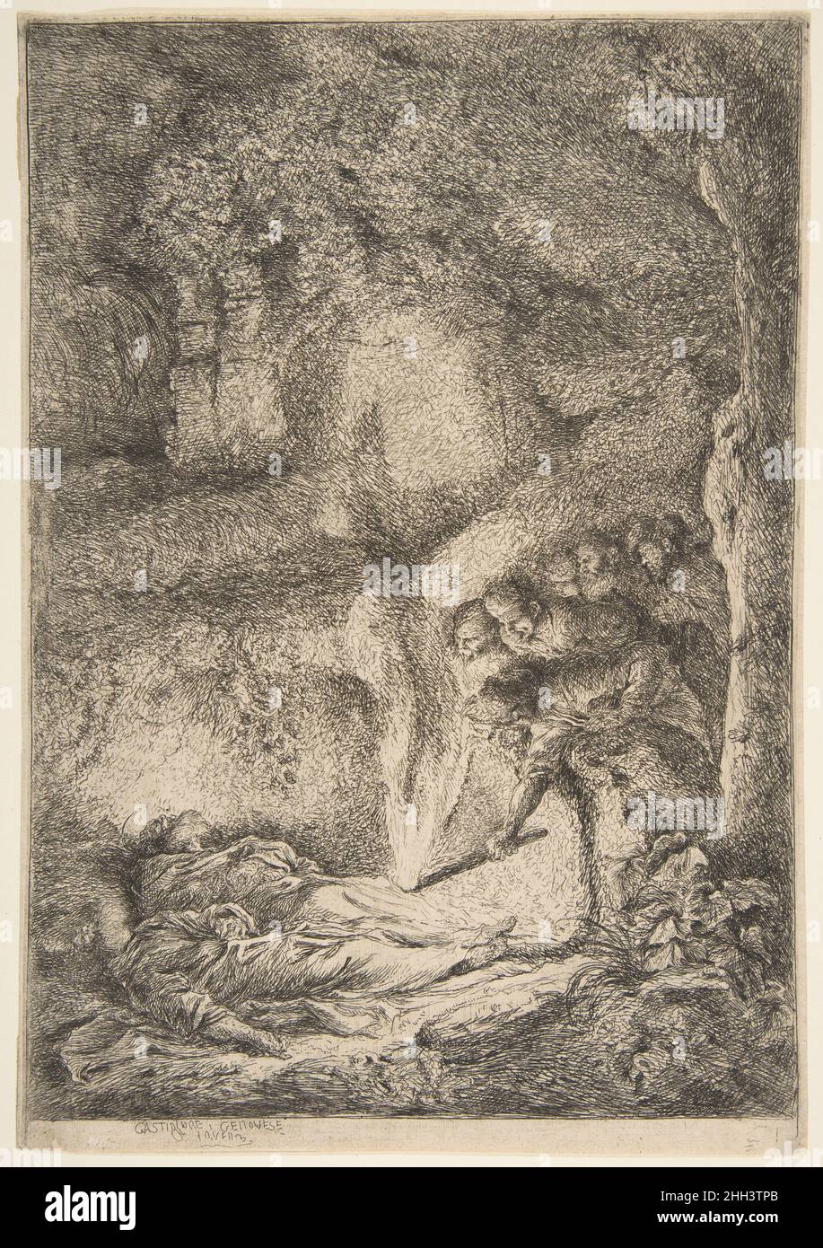 Trovare i corpi dei Santi Pietro e Paolo 1645–51 Giovanni Benedetto Castiglione (il Grechetto) Italiano molte delle opere di Castiglione affrontano la transizione degli sforzi terreni, della morte e del decadimento. Uno dei più innovativi produttori di stampe del suo tempo, fu fortemente influenzato dalle stampe di Rembrandt e dal loro tenebrismo (da tenebroso, che suggerisce l'oscurità). Egli cercò anche soggetti religiosi che sarebbero arricchiti da un ambiente cupo, come questo esempio, che raffigura la volta sulla via Appia fuori Roma dove i corpi dei due santi martirizzati erano nascosti. Qui, un gruppo di uomini è in posizione supina Foto Stock