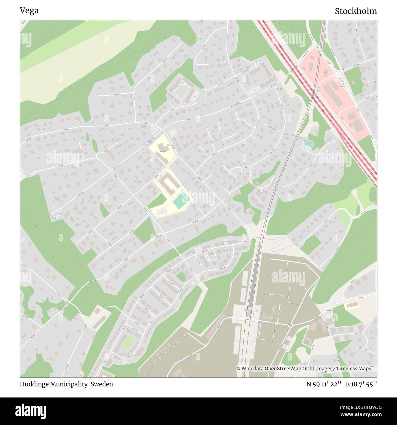 Vega, Huddinge Municipality, Sweden, Stockholm, N 59 11' 22'', e 18 7' 55''', map, Timeless Map pubblicato nel 2021. Viaggiatori, esploratori e avventurieri come Florence Nightingale, David Livingstone, Ernest Shackleton, Lewis and Clark e Sherlock Holmes si sono affidati alle mappe per pianificare i viaggi verso gli angoli più remoti del mondo, Timeless Maps sta mappando la maggior parte delle località del mondo, mostrando il successo di grandi sogni. Foto Stock